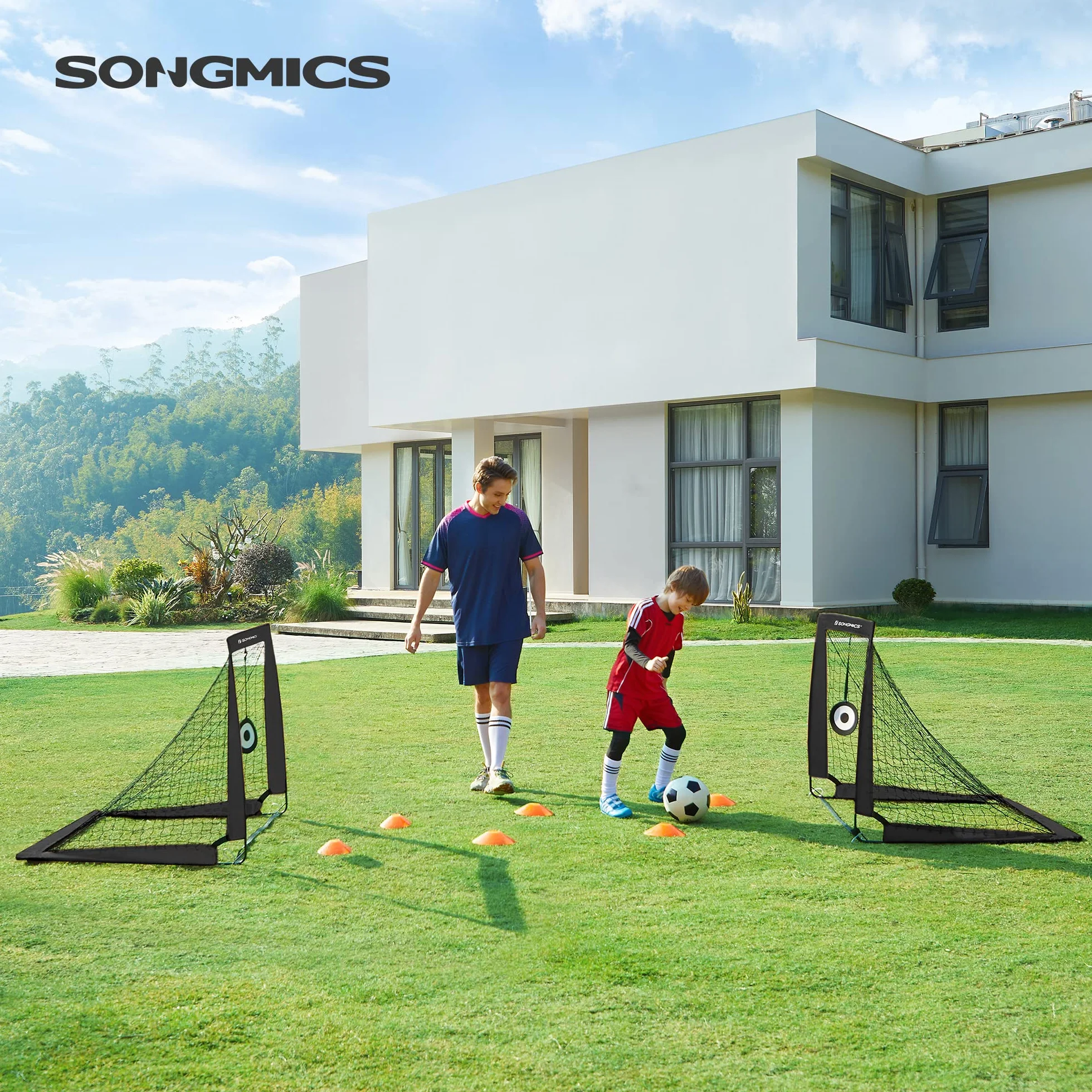 SONGMICS Portería de Fútbol Infantil Portátil y Plegable, Juego de 2, Fibra de Cristal