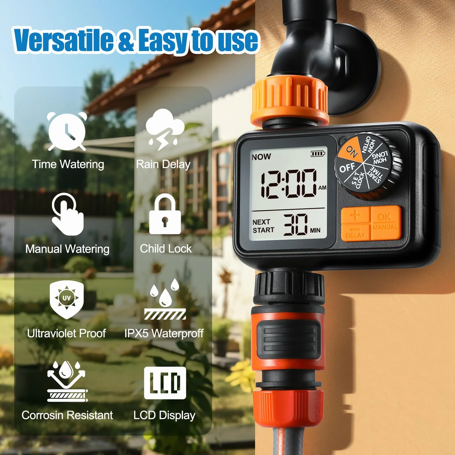 CROSOFMI Programador Riego Automatico Jardin Temporizador Riego IPX5 Resistente al Agua/Retraso por Lluvia/Modo de Riego Manual/Bloqueo para Niños