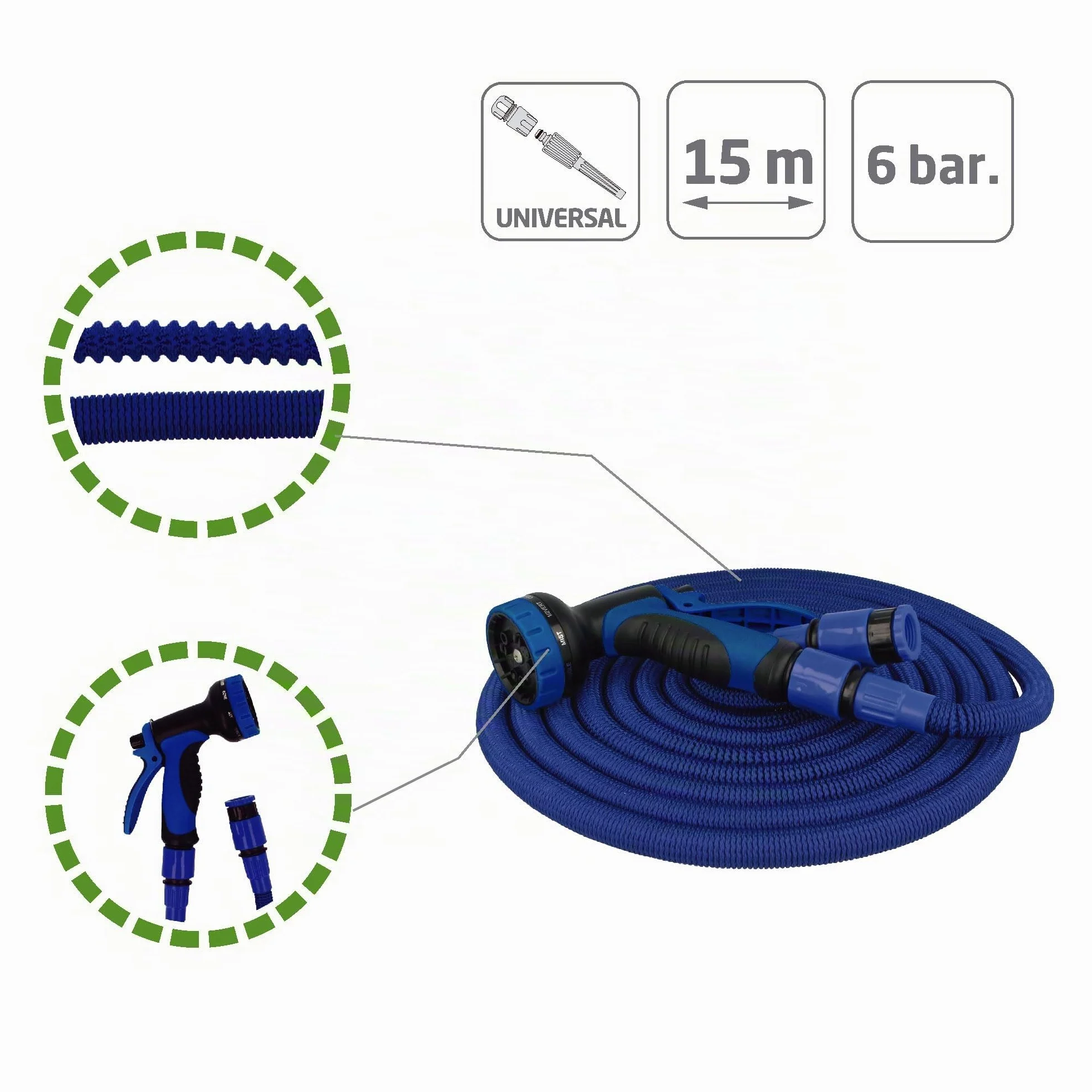 Amig - Manguera Extensible - 15 metros - Incluye Accesorios y Pistola de Riego de 9 Funciones - Soporta Hasta 6 bar. de Presión - Color Azul - Doble Látex