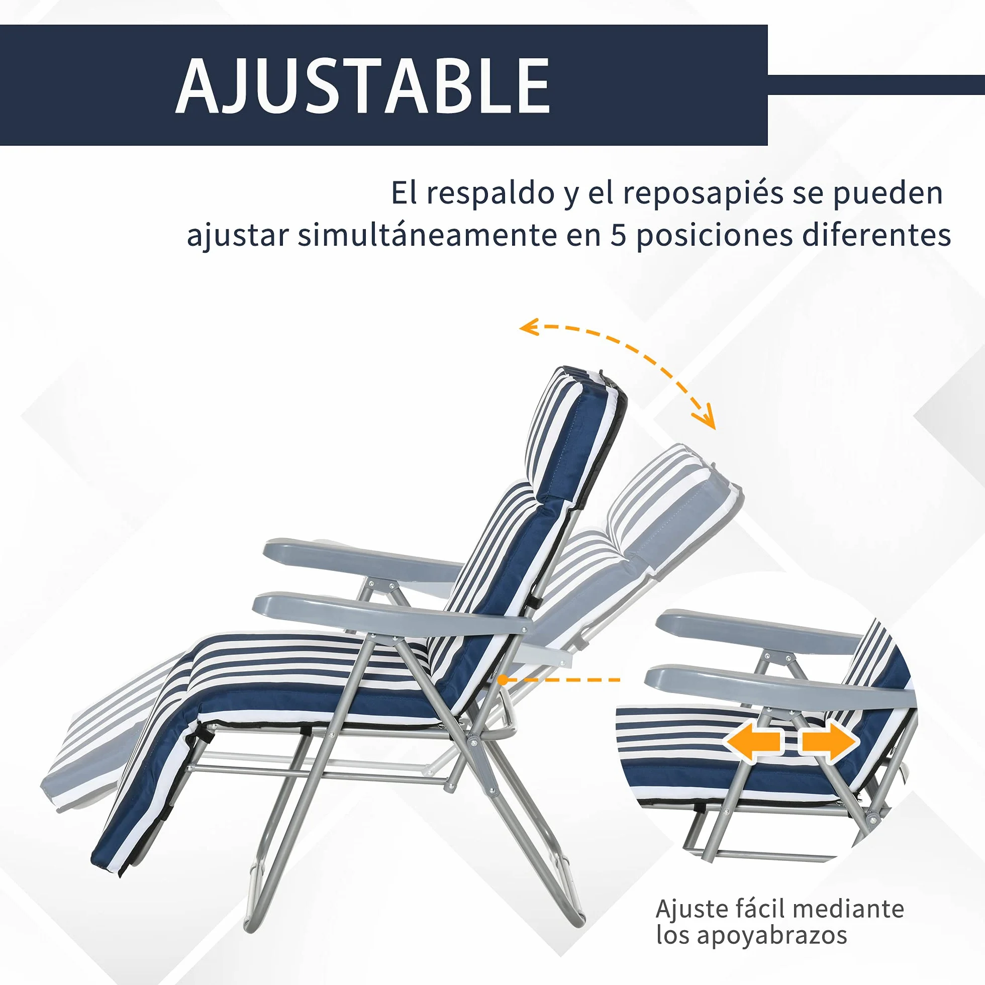 Outsunny Pack de 2 Tumbonas Plegables Tumbonas de Jardín Exterior con Cojín Acolchado, Respaldo Ajustable en 5 Posiciones, Reposapiés y Marco de Acero, 60x75x65-102 cm, Azul y Blanco