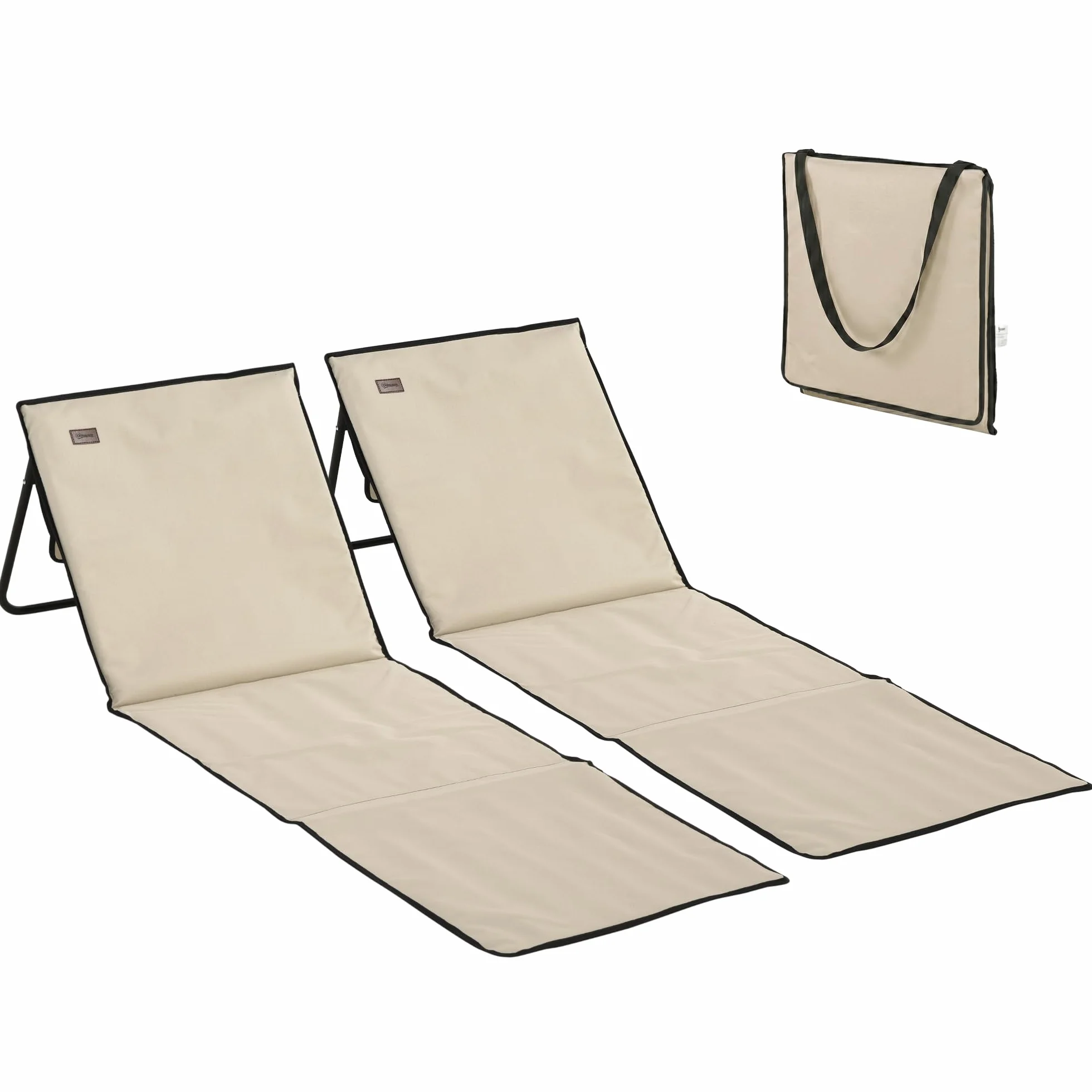 Outsunny Conjunto de 2 Esterillas de Playa Plegable Esteras Acolchadas de Tela Oxford PVC 600D con Respaldo Reclinable y Correa de Transporte para Jardín 142x51x40 cm Beige