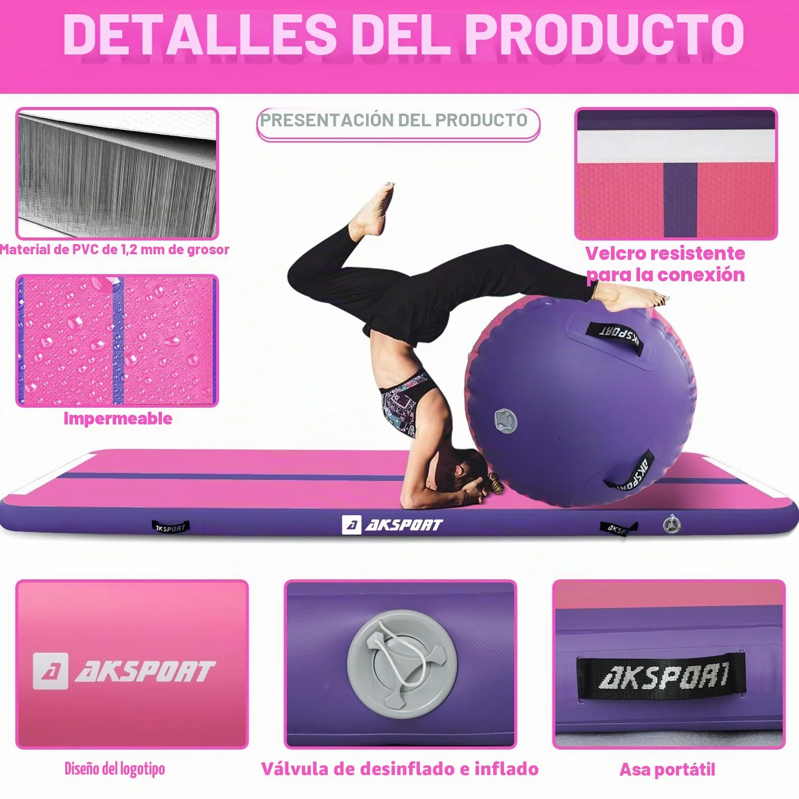 AKSPORT Airtrack con Air Roll 3 m Esterilla hinchable gimnasia con rodillo bomba aire