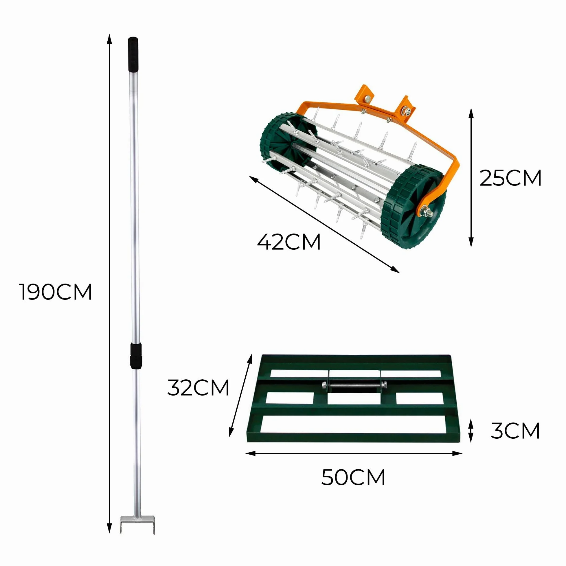 SET Nivelador de Césped 50x32cm + Aireador Manual Rodante de Césped 42cm ancho (Púas 3.8cm) | VERDE| Acero | Mango Extensible 1.15-1.9m | Aluminio | Jardinería Paisajismo Cultivo Exteriores