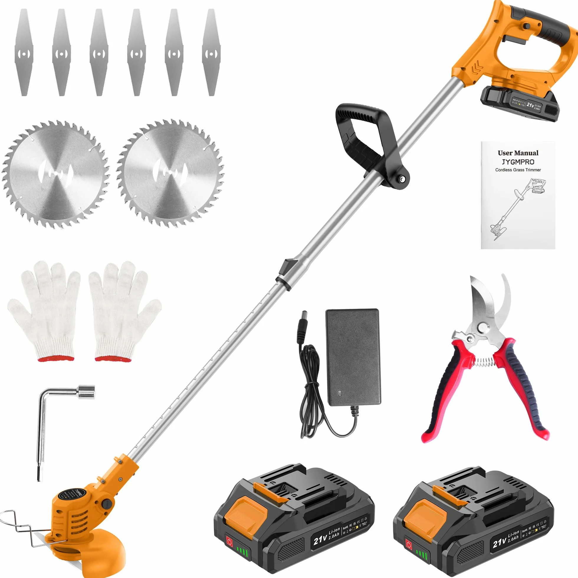 Desbrozadora Bateria, Desbrozadora Electrica 21V, Recortadora de Cortabordes Bateria con 2 Baterías 2000 mAh, 2 Tipos de Cuchillas, 11000 RPM y Motor, Mango Telescópico 85-120 cm