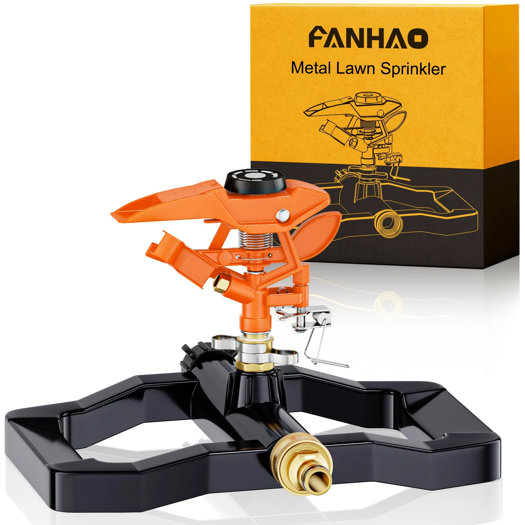 FANHAO Aspersor de Impacto de Resistencia para Jardín, Base 100% Metálica con Rotación 360°, Aspersor de Riego Giratorio Ajustable para Grandes Áreas, Que alcanza hasta 540 m²