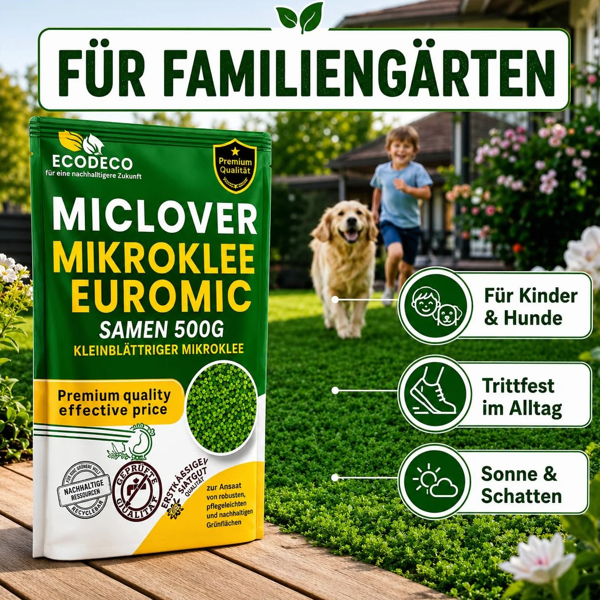 Semillas Cesped Trébol Enano 1kg (400m² Puro o 800m² con Césped) – Blanco Micro Trébol Tapizante Resistente para un Jardín Verde y Uniforme – Alternativa a Césped Natural