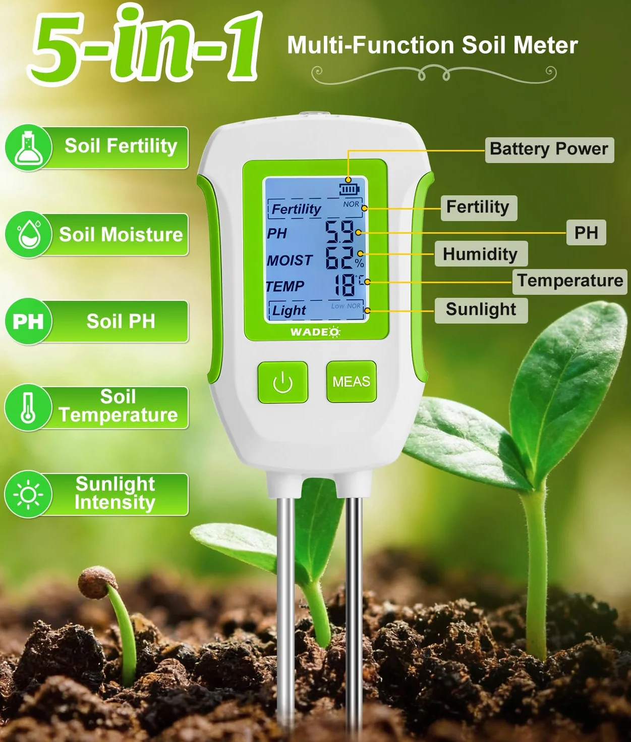 WADEO Medidor de suelo 5 en 1 para temperatura/fertilidad/humedad del suelo/pH/luz solar, pantalla LCD con retroiluminación, medidor digital de suelo para jardinería y agricultura