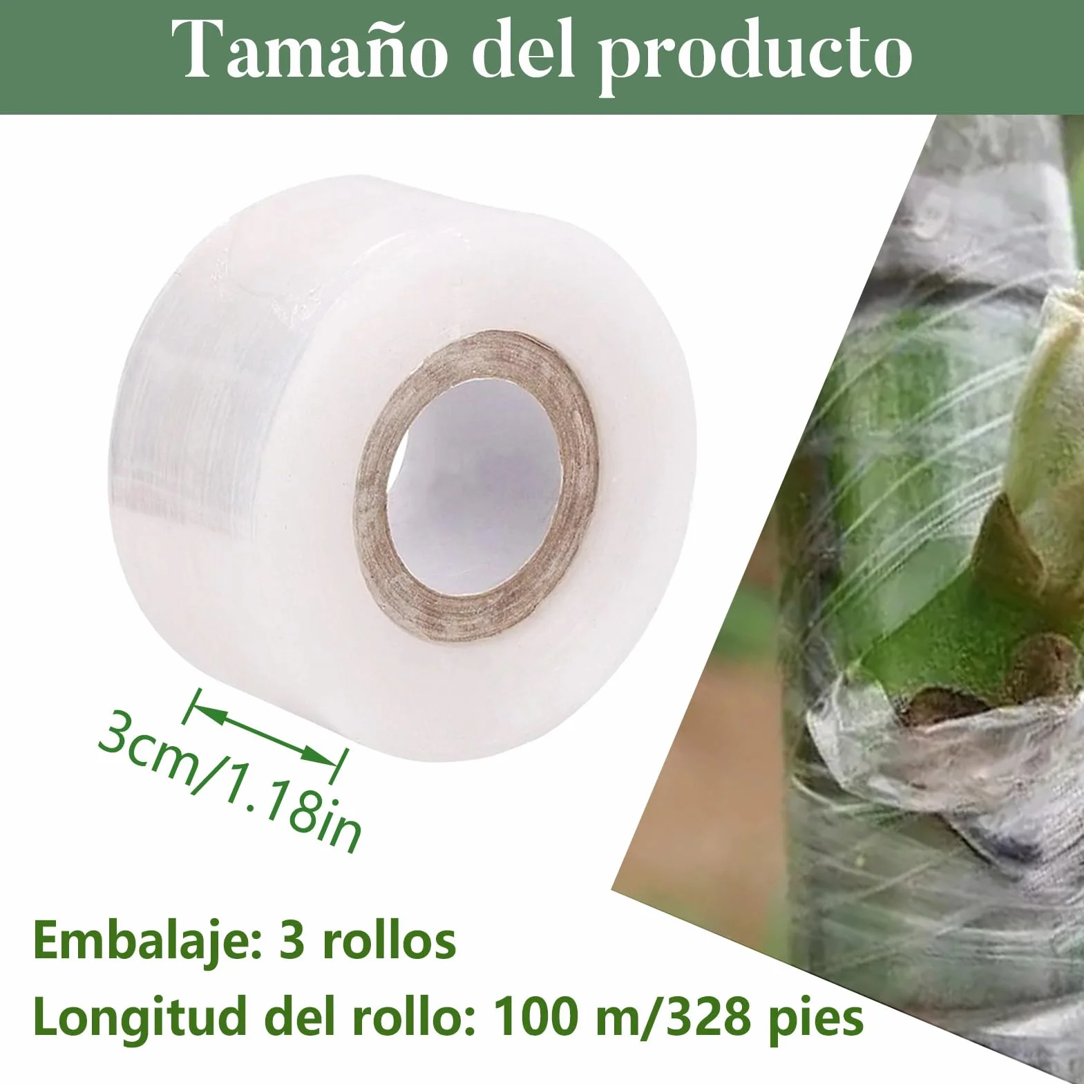 3 Rollos de Cinta de Injerto de Transparente Estirable, Autoadhesiva para Jardinería Película de Injerto, Ideal para Injertar Árboles Frutales, Flores y Uso en Viveros, 100 m
