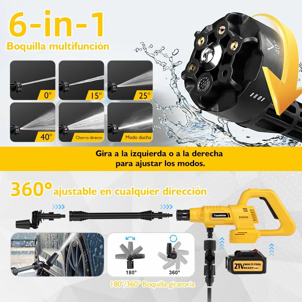 Hidrolimpiadora inalámbrica, 17 Piezas, 8000 mAh, máx. 68 Bares, con Boquilla 6 en 1 y Boquilla giratoria de 180°, hidrolimpiadora portátil para Coches, Bicicletas, terrazas y Jardines.