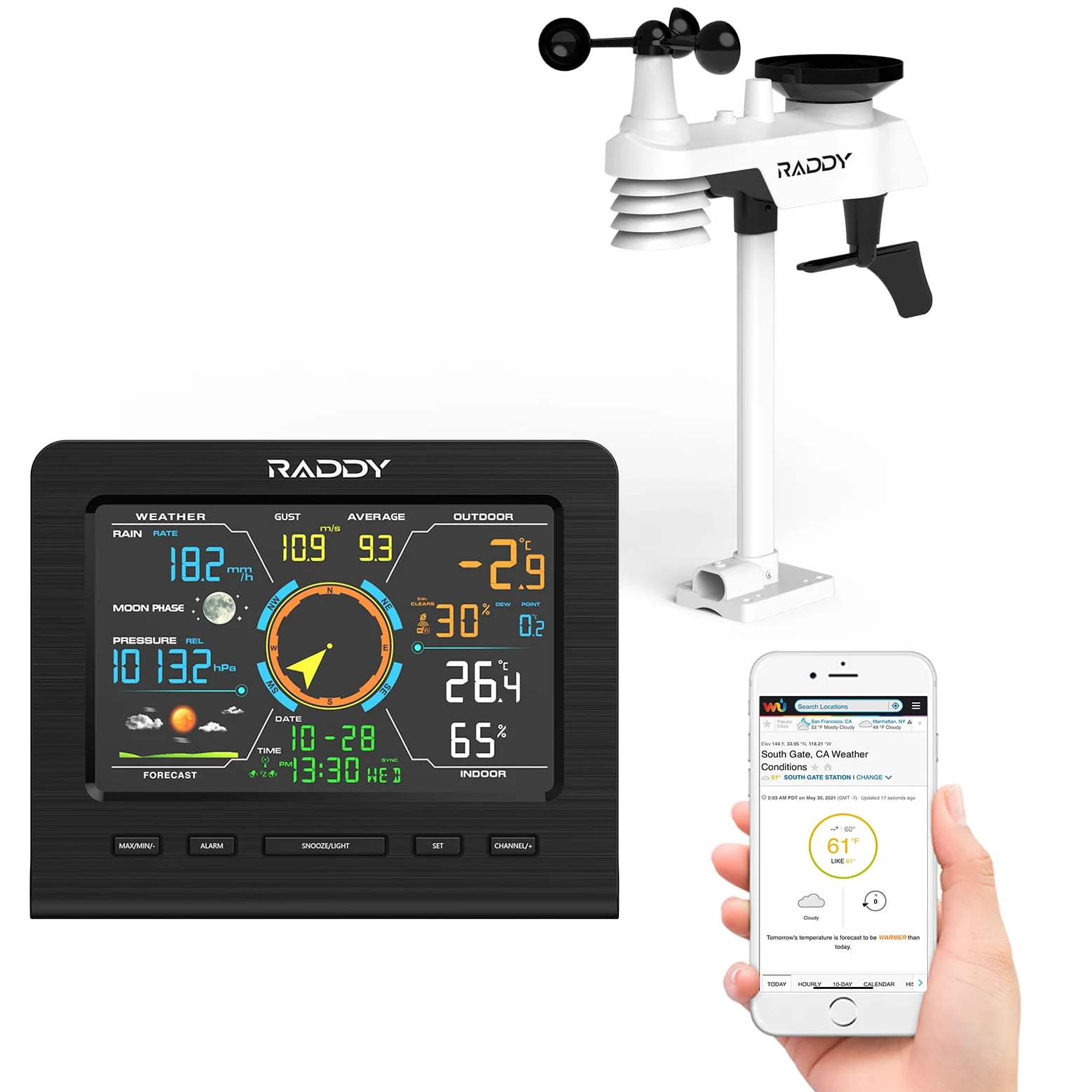 Raddy WF-100C Lite Estación Meteorológica WiFi con sensor exterior, Estación meteorológica doméstica 13-en-1 con app, Termómetro interior/exterior, Barómetro, Higrómetro, Anemómetro y Pluviómetro