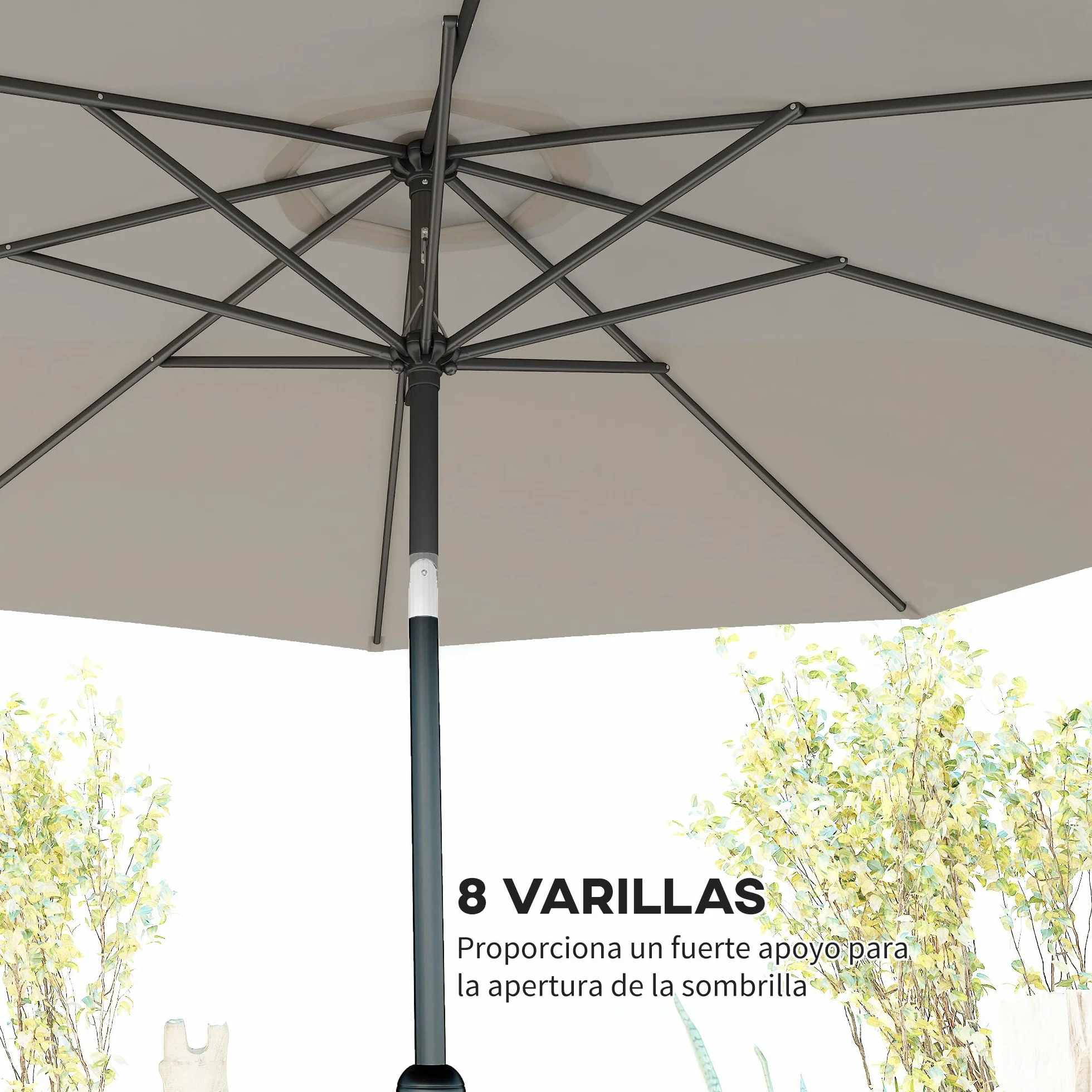 Outsunny Sombrilla de Jardín Ø300x250 cm con Manivela Parasol Exterior con Mecanismo de Inclinación y Poste Desmontable de Metal para Terraza Piscina Patio