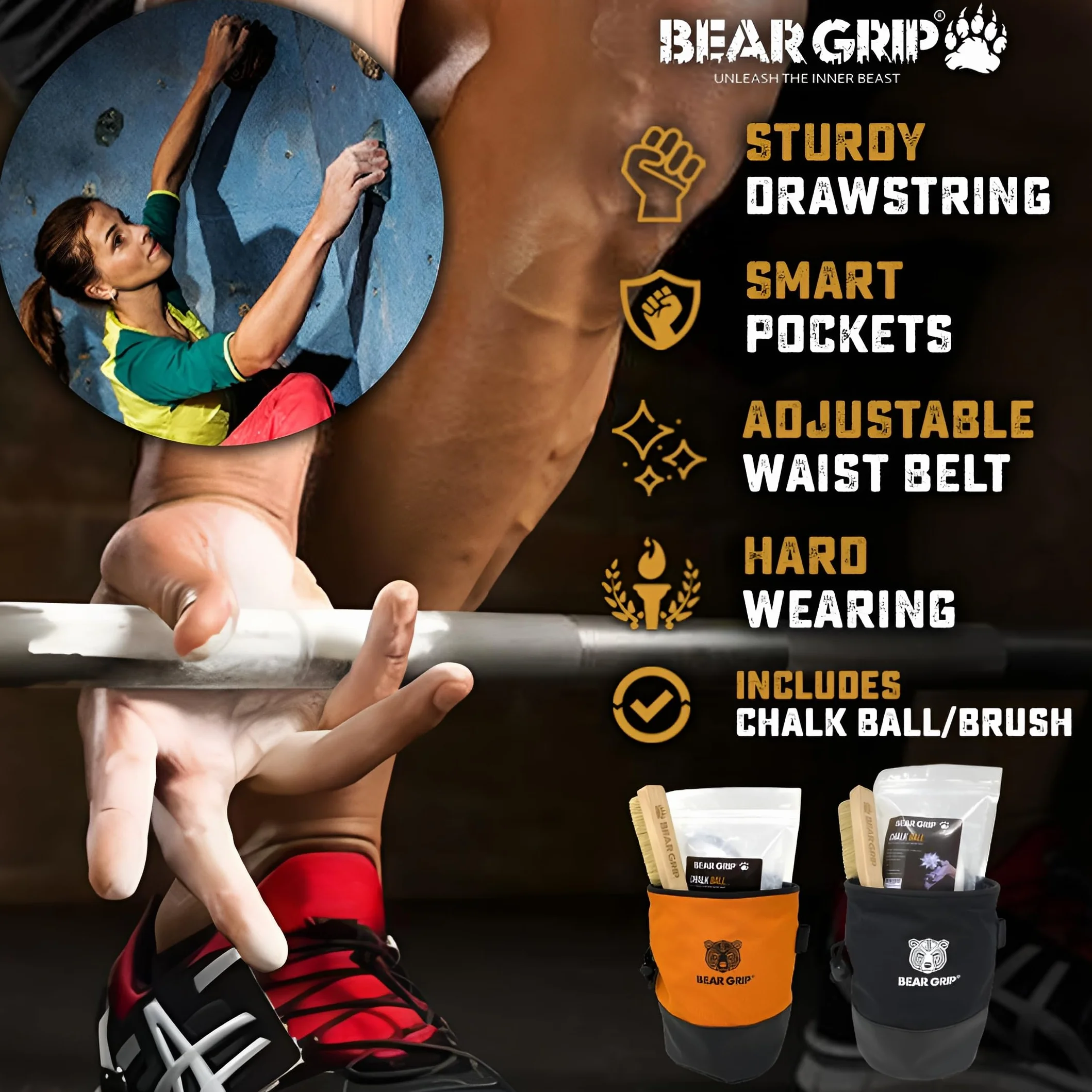 BEAR GRIP Paquete de bolsa de tiza para escalada en roca con cinturón y cepillo negro