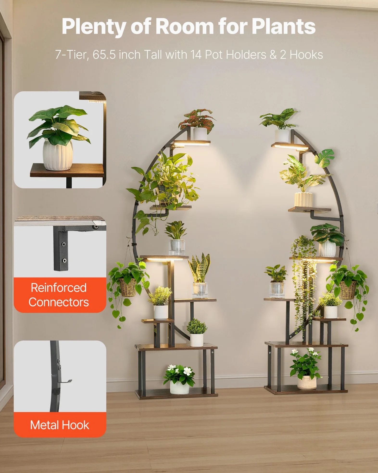 VEVOR Soporte para Plantas con Luz de Cultivo 7 Niveles Alto de 166,5 cm, Forma de Media Luna 2 Piezas, Estante con Luz para Plantas, 3 Temporizadores y 10 Niveles de Brillo, para Sala de Estar