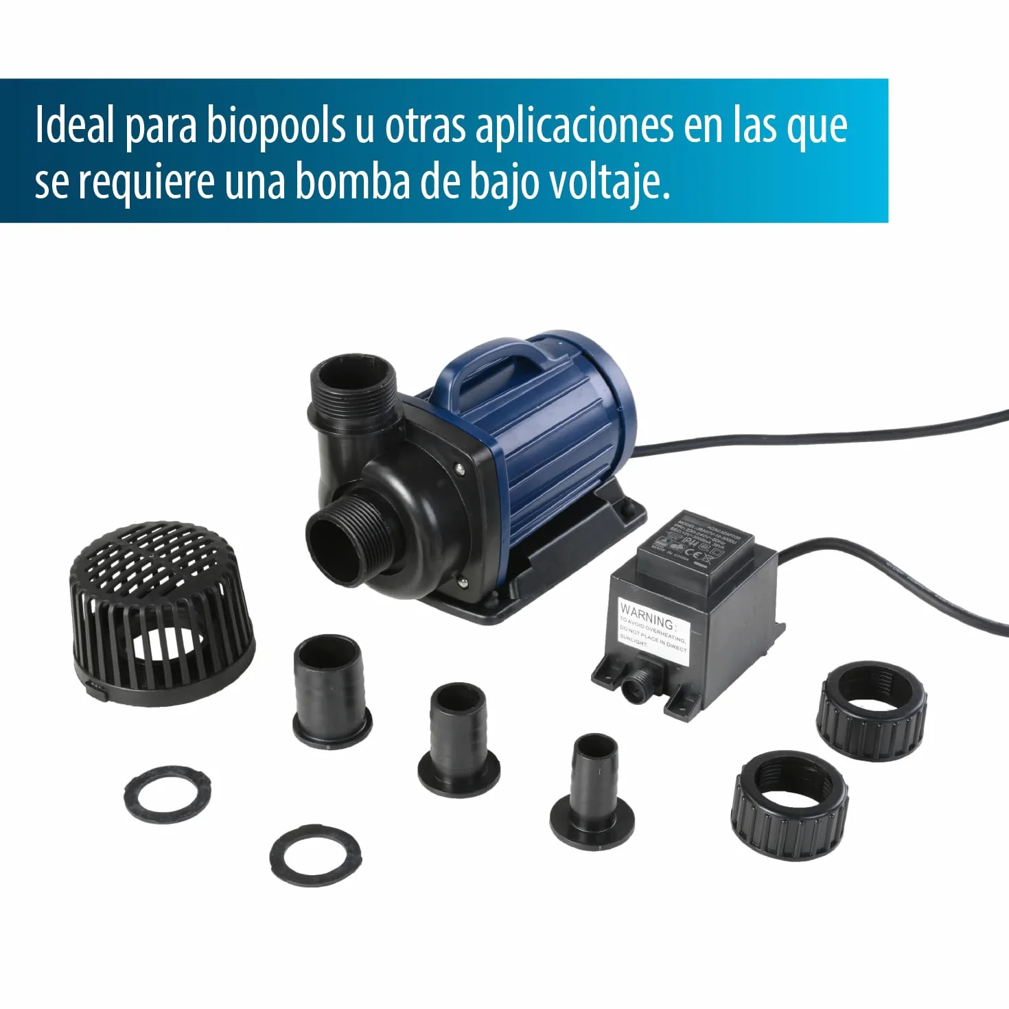 AquaForte Bomba de estanque DM 10000 de bajo voltaje 12 voltios 85 vatios, caudal 10m3 p/h, altura de impulsión 5 m, protección automática contra funcionamiento en seco, longitud del cable 10 m