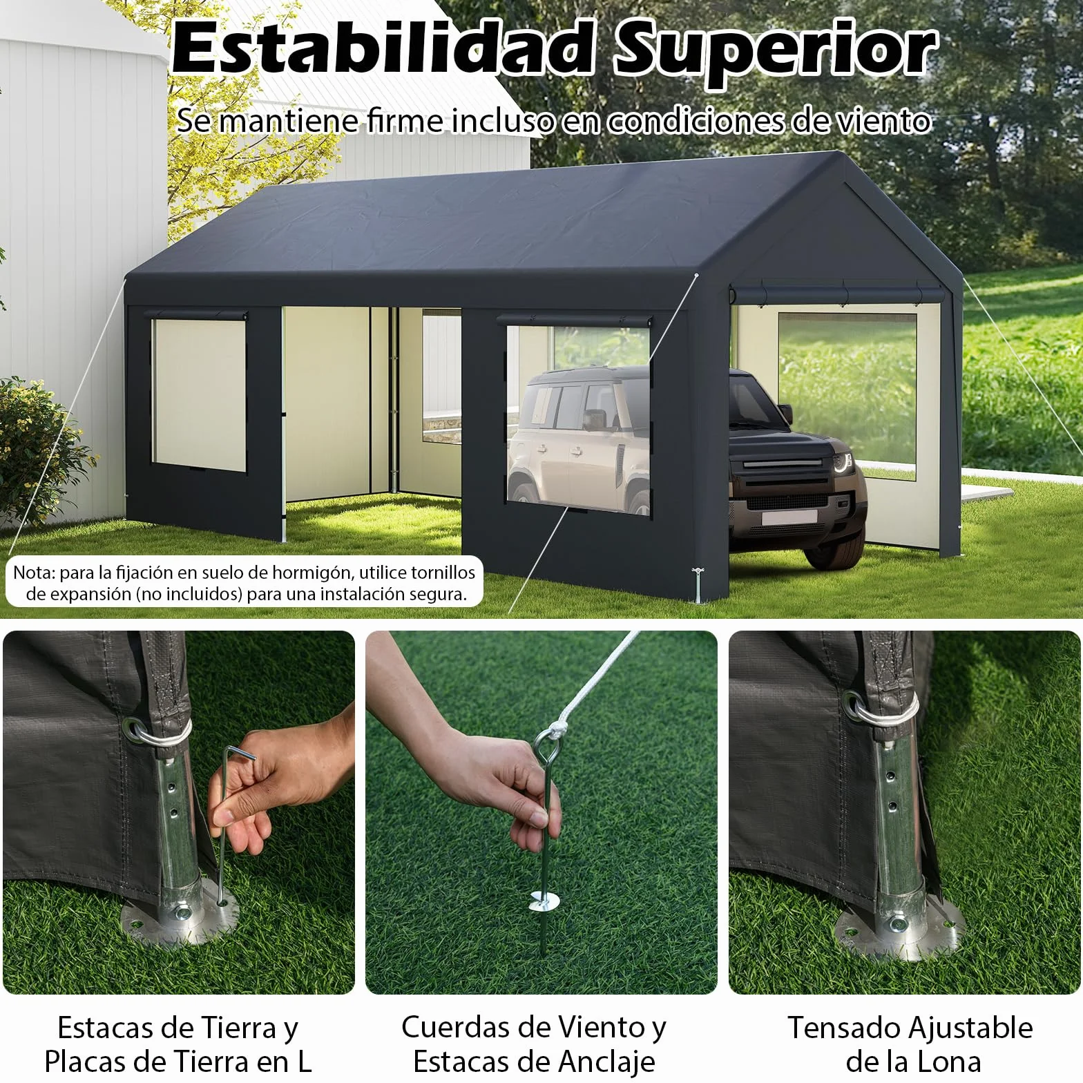COSTWAY Garaje Exterior para Coche 5,95 X 3 m, 8 Paredes Laterales Desmontables, Puertas Enrollables, Ventanas Ventiladas, Carpa para Garaje para SUV Camión