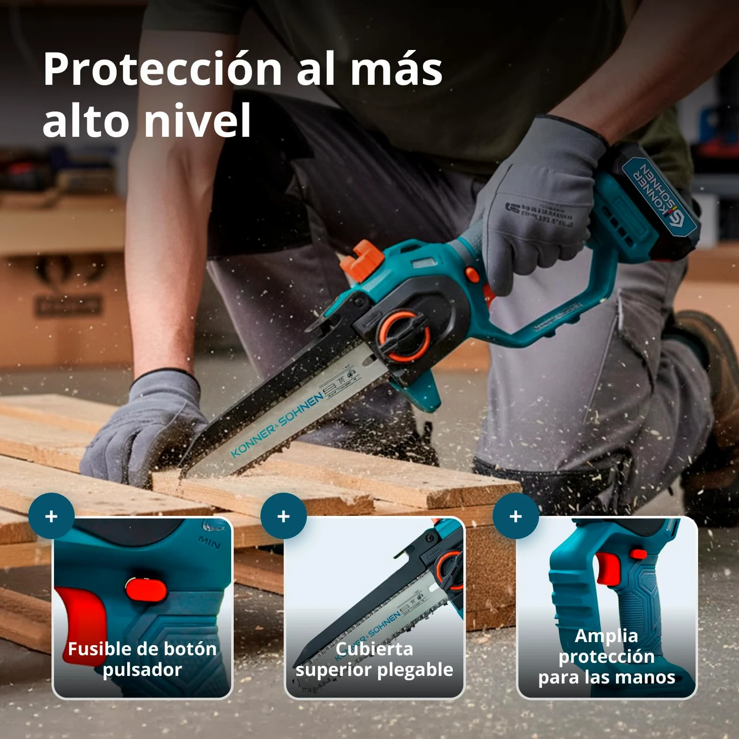 K&S Könner&Söhnen KS MCS20V-8 Case - Minimotosierra con batería de 8 pulgadas, motosierra eléctrica de mano con lubricación automática de cadena, sierra con batería de una sola mano con cargador de