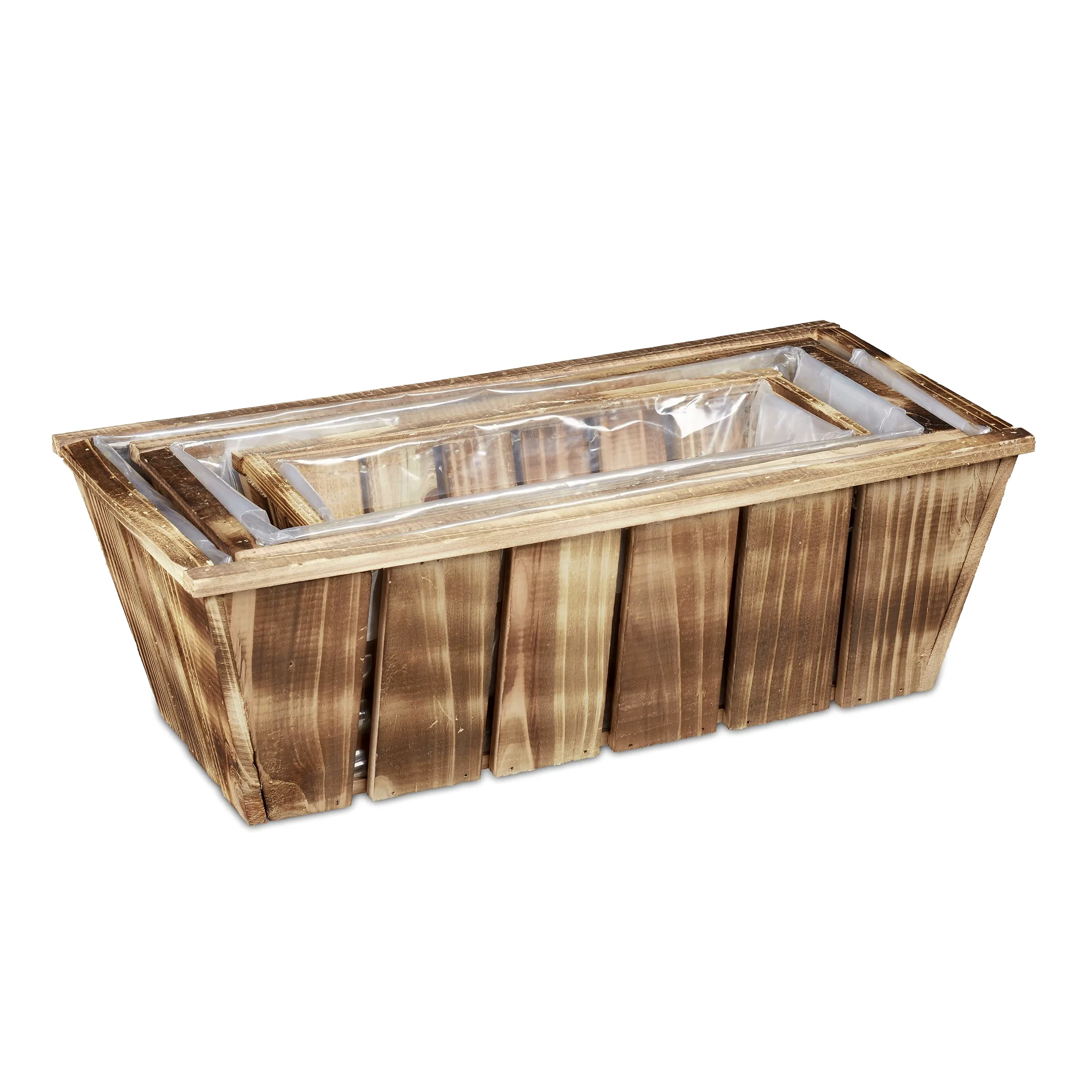 Relaxdays Pack de 3 Macetas de Madera, Jardineras, 3 Tamaños, Tiestos Flores, Interior y Exterior, con Plástico, Marrón