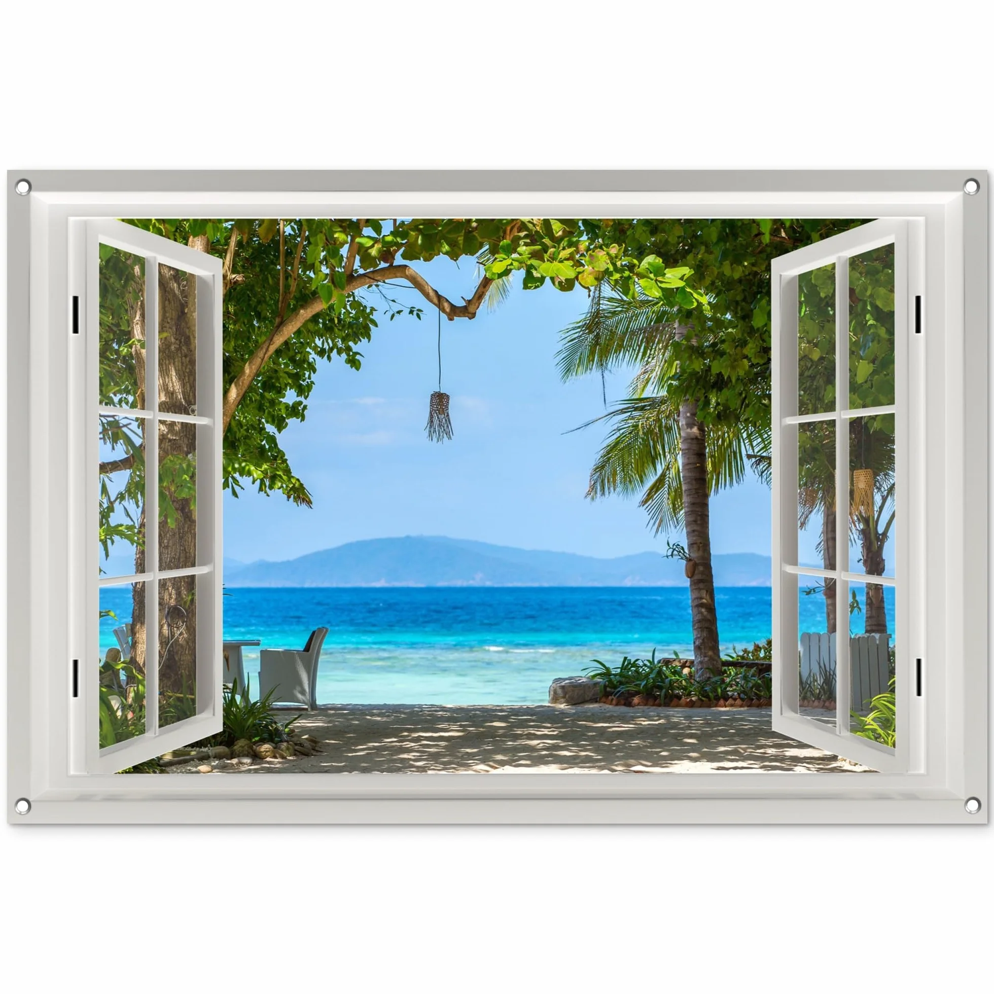 MuchoWow© Póster De Jardín 120x80 cm Terraza Exterior Accesorios Jardin Decoracion Pared Decorativa Balcon Wall Decoration Posters Decorativos Vista - Árbol - Mar - Palmera - Colinas - Playa