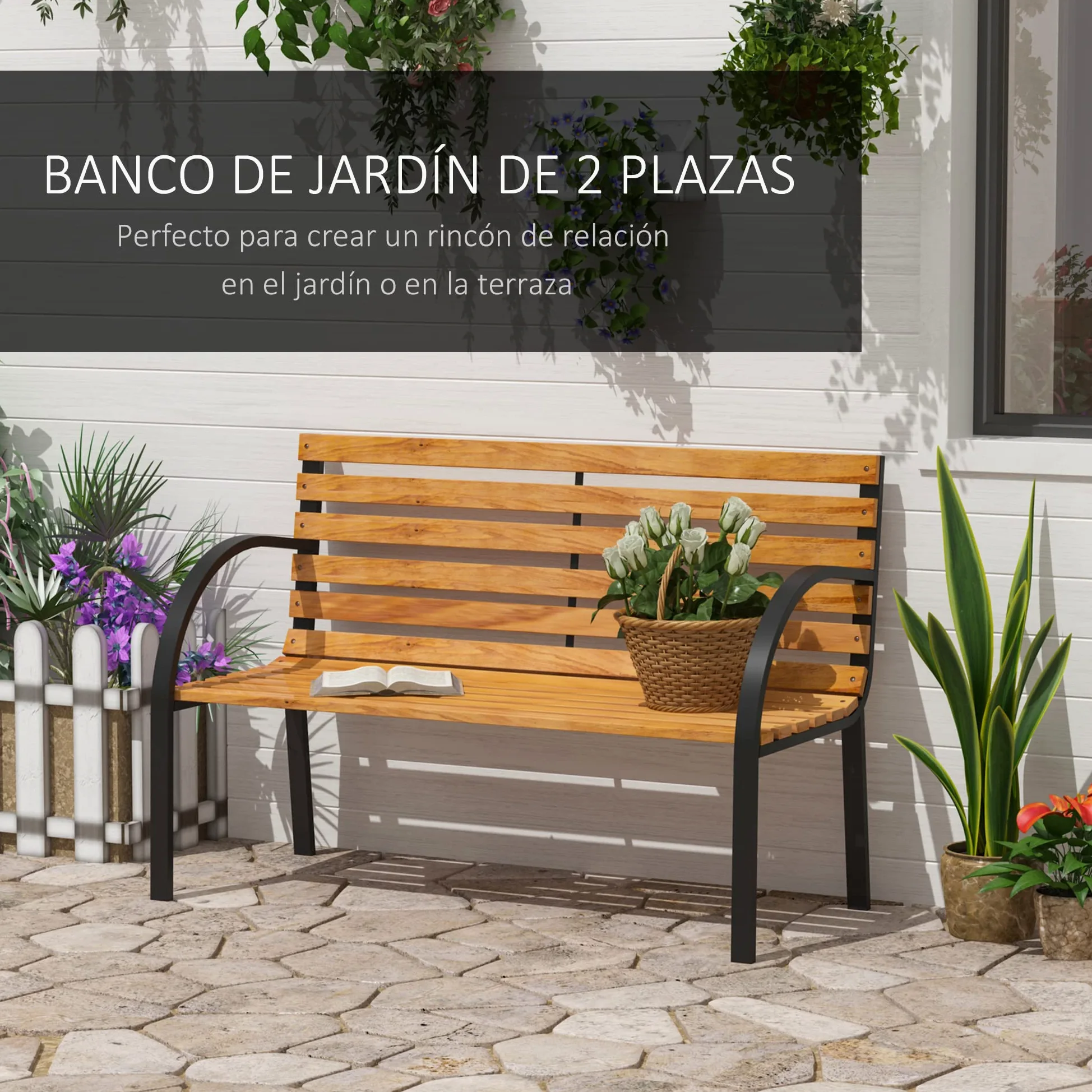 Outsunny Banco de Jardín de Madera 2 Plazas 122x60x83 cm Respaldo Apoyabrazos Acero Carga 220 kg Natural Negro