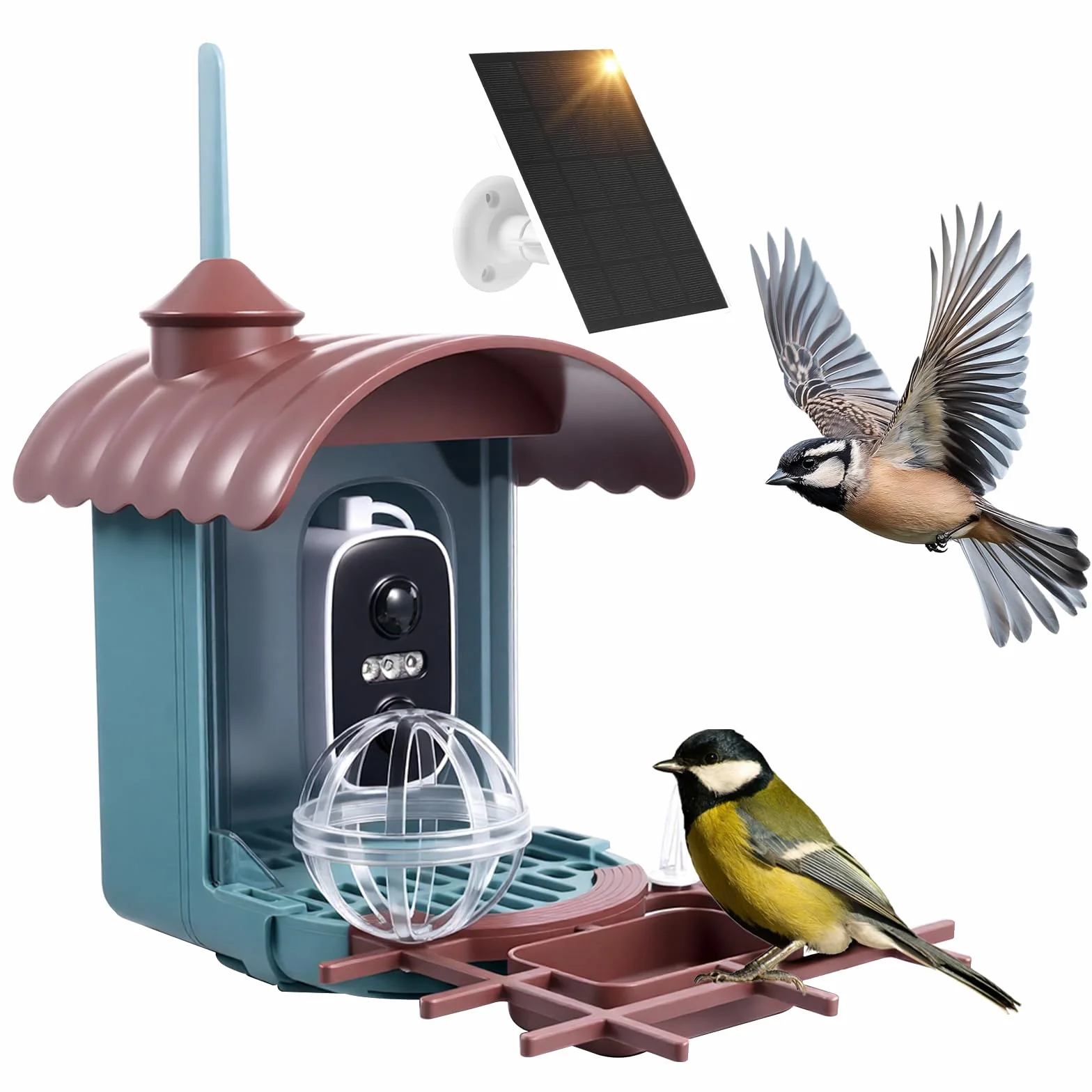 Pajarera con cámara de 4 MP, comedero solar para pájaros y comedero: vídeo/toma de fotos, identificación de IA, detección de movimiento, notificación instantánea, visión nocturna, WiFi de 2,4 GHz