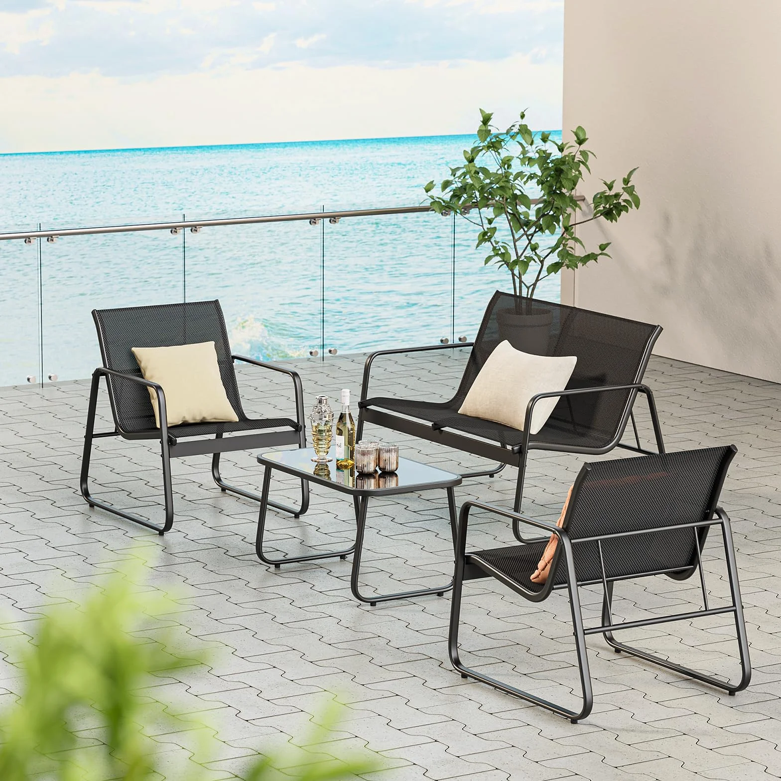 Bealife Conjunto de Muebles de Jardín 4 Piezas, Patio Tela Teslin, 3 Sillones y 1 Mesa de Vidrio, Negro
