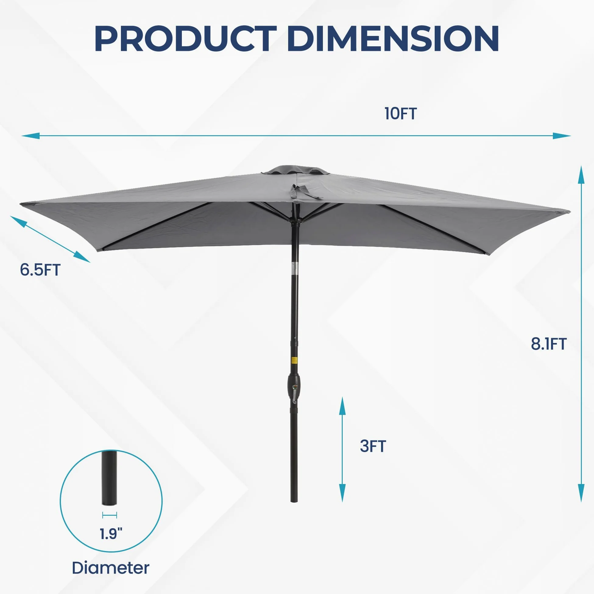 SUNVIVI OUTDOOR Sombrilla rectangular de 6.5 x 10 pies, poste de aluminio, sombrilla de mercado para mesa al aire libre con manivela, 6 varillas de acero, toldo de poliéster, color gris