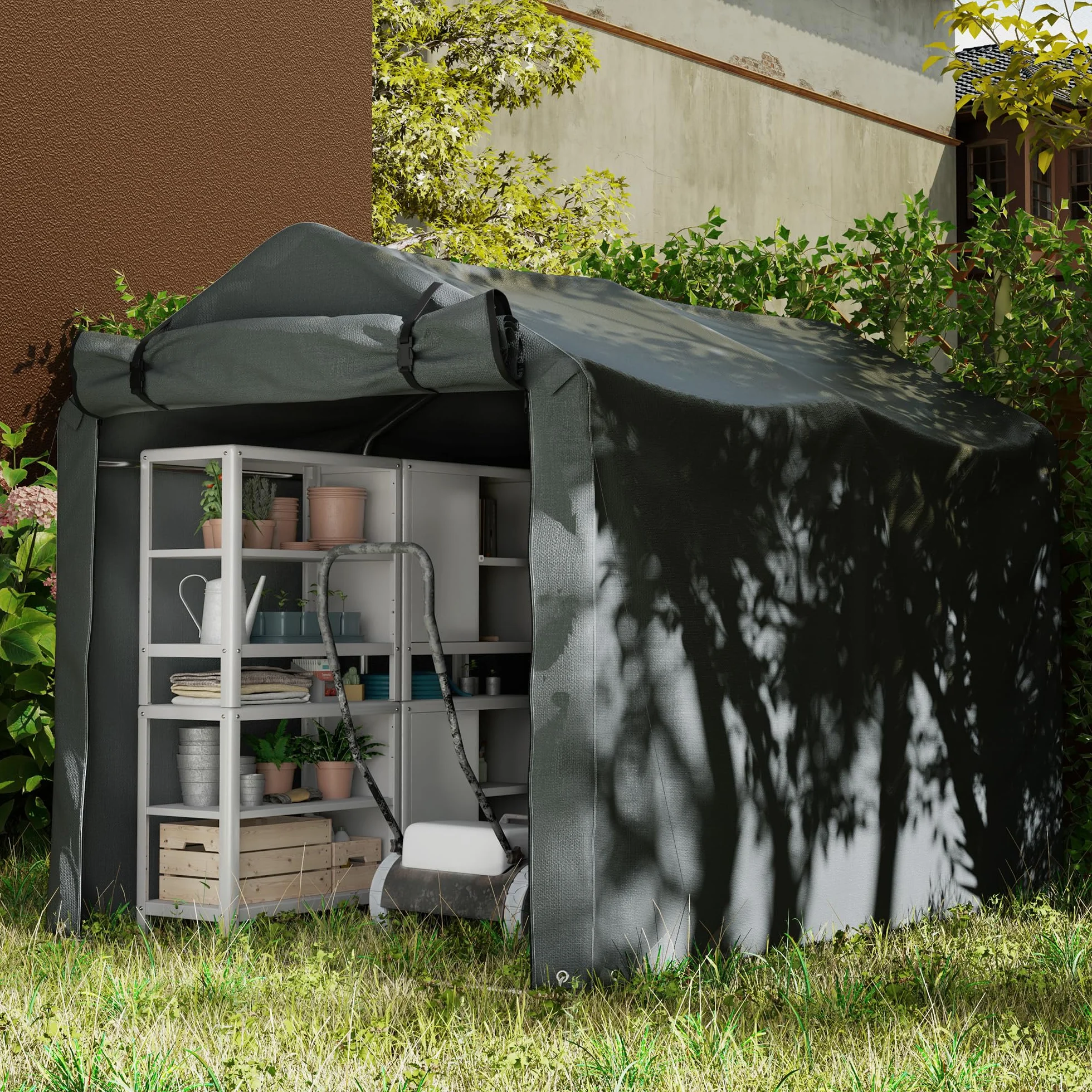 Outsunny Carpa de Jardín Exterior para Herramientas Bicicletas 2,2x1,57x1,65 m, Cobertizo Exterior con Puerta Desmontable con Cremallera, Impermeable, Anti-UV, Garaje Portátil, Gris Oscuro
