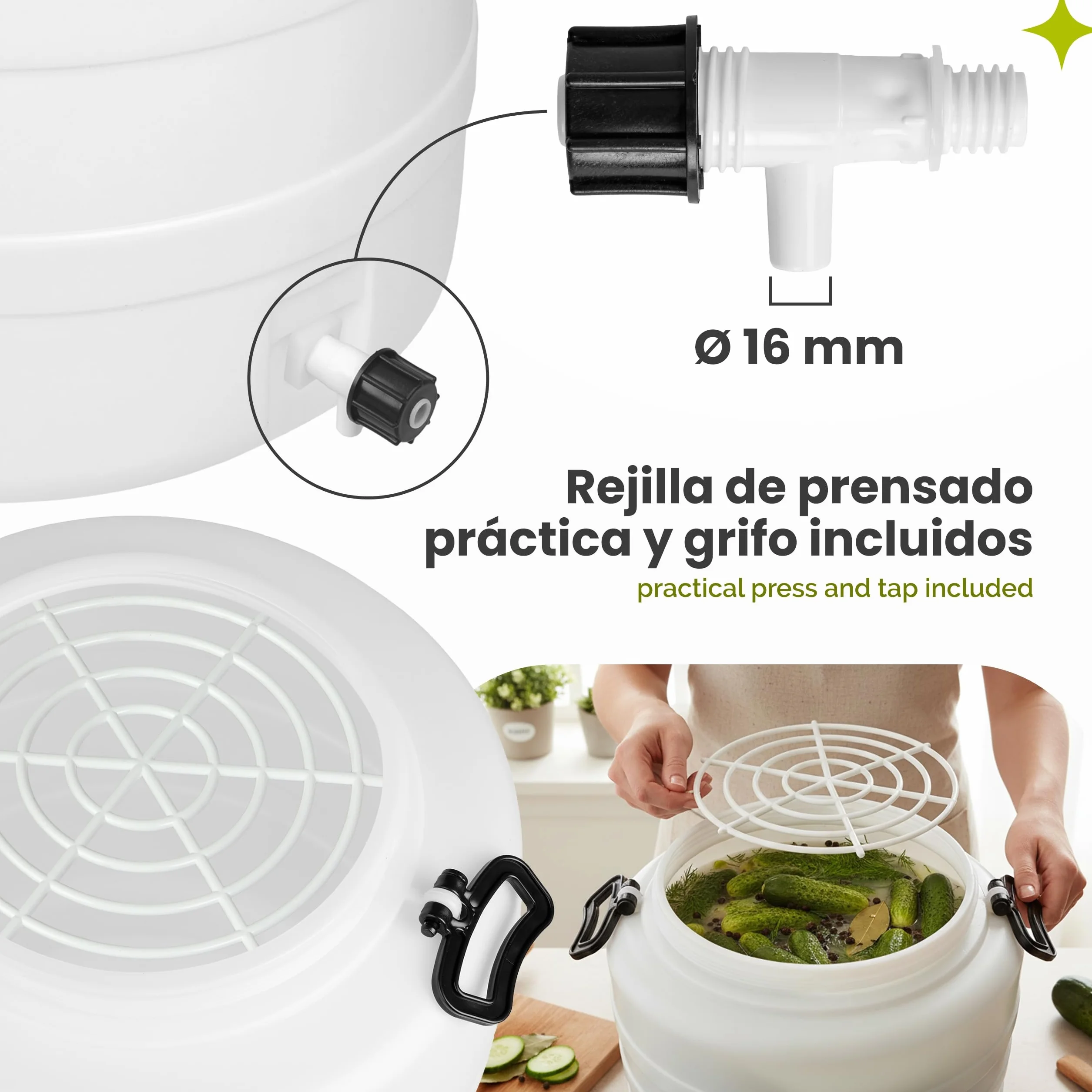 Garronda 120 L + Grifo + Prensa Bidon Barril de Plástico HDPE como Contenedor y Deposito para Agua y Alimentos para Almacenamiento, Fermentación y Recogida de Lluvia GD-0187 Blanco