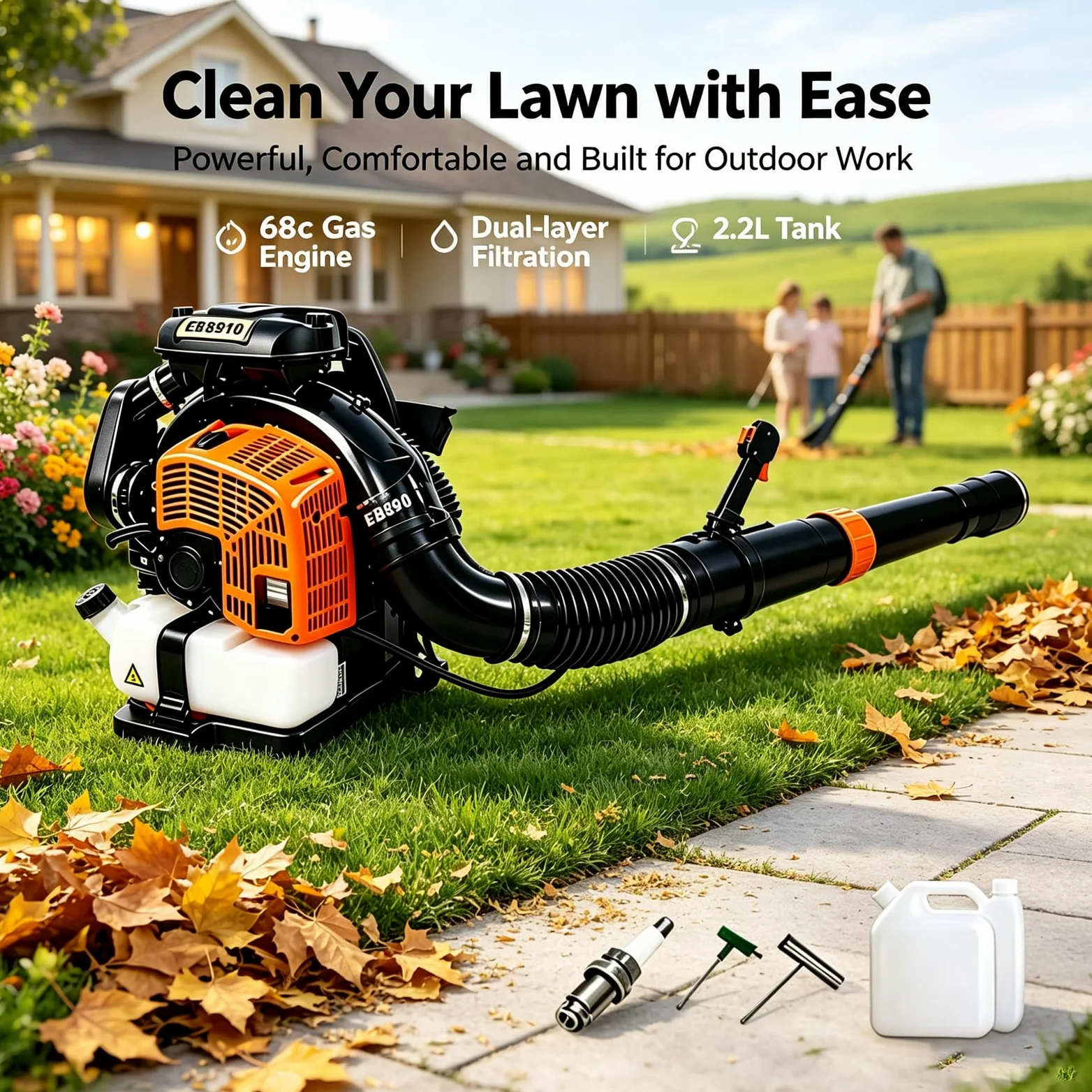 Soplador De Hojas De Gas 68cc, Filtración De Doble Capa 8500r/min | Soplador de hojas de gasolina con mochila de 2,2 L, mango de 180 grados, arnés ergonómico y ventilado(black)