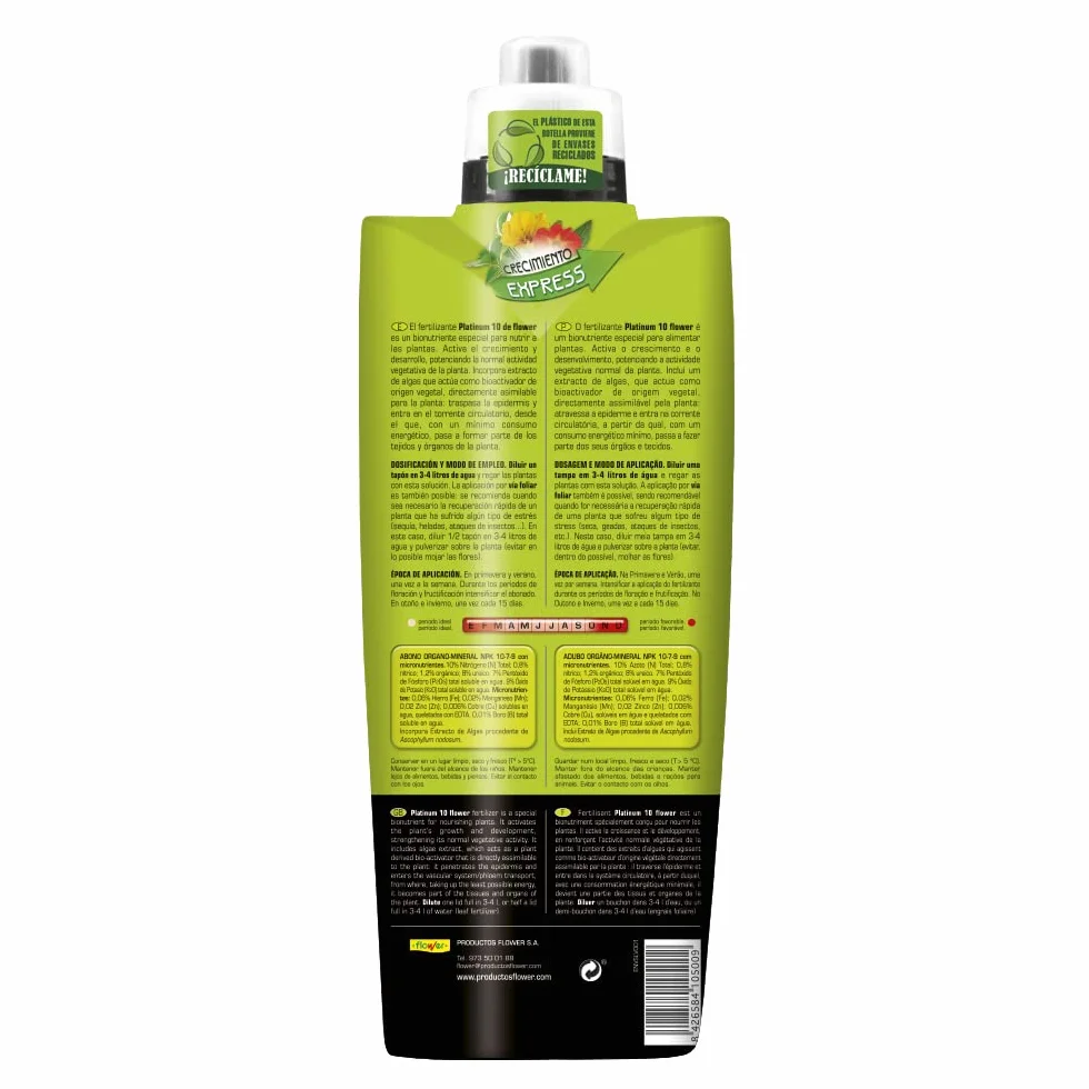 Flower - Fertilizante Líquido Platinum 10-1L | Bionutriente NPK 10-7-9 | Mejora Crecimiento y Desarrollo | Nutrición para Todo Tipo de Plantas | Crecimiento Express