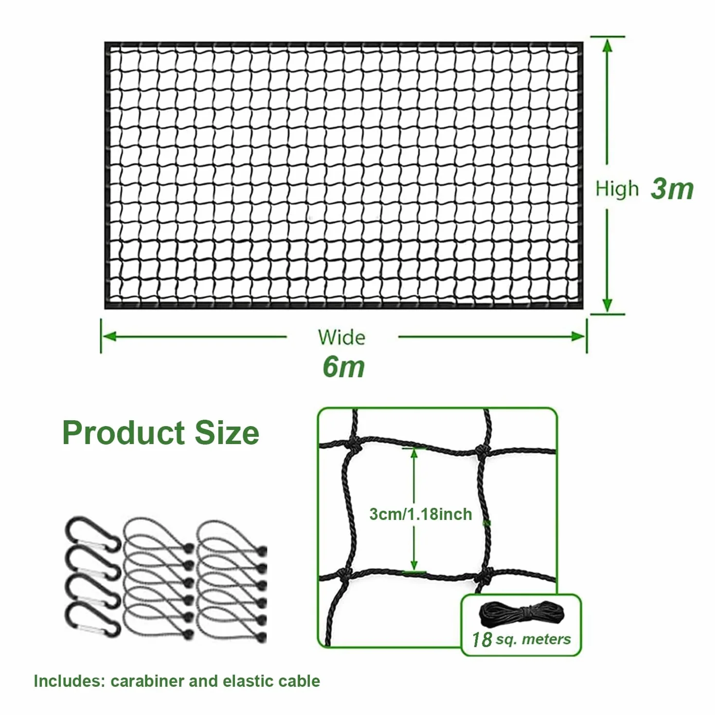 Red Porteria 6x3m Red Poliéster Práctica Golf 3x3cm Polietileno Alta Densidad Anudada 3mm con Hebilla Seguridad Cable Elástico