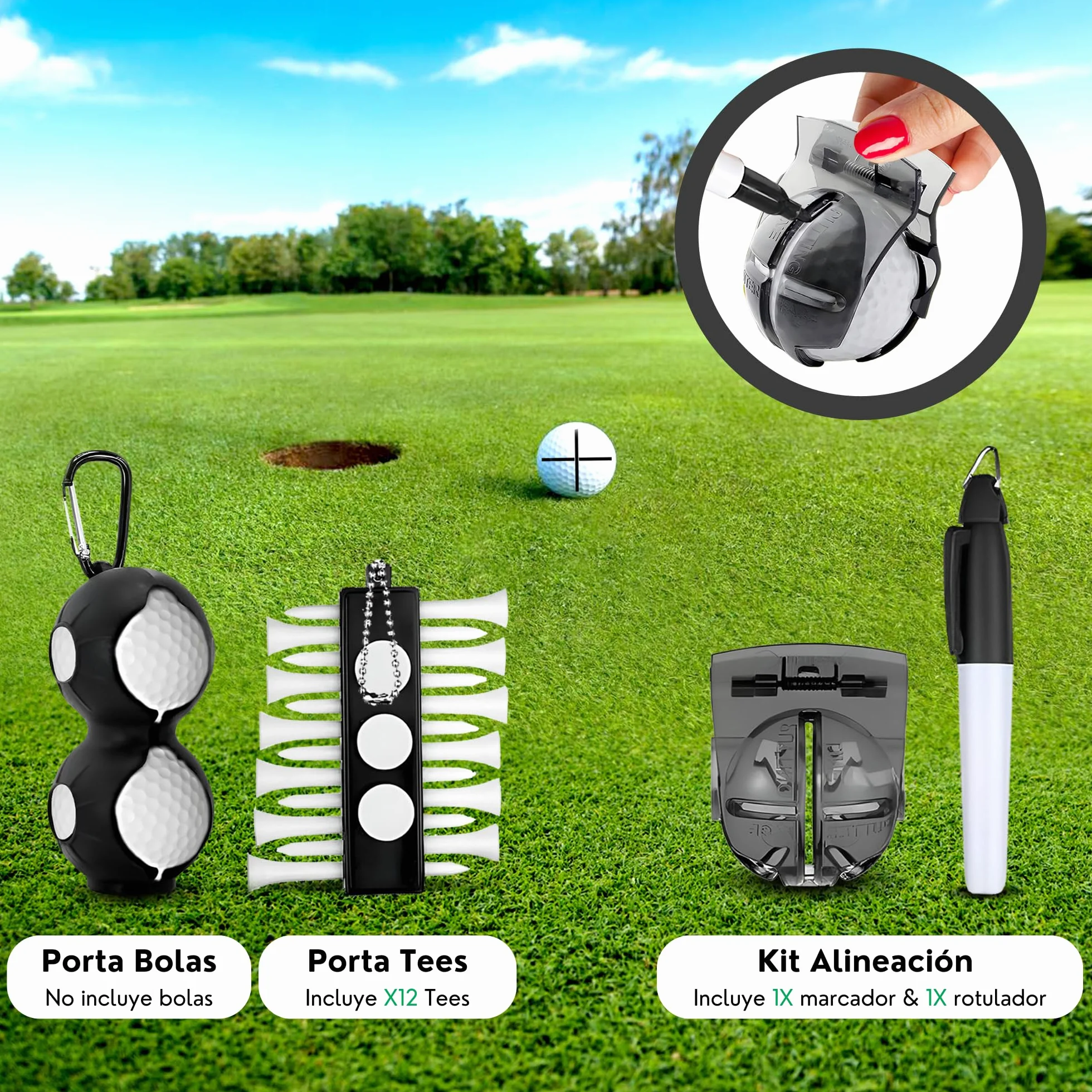Accesorios de golf 6 en 1: Cepillo limpiador, arreglapiques, tees, toalla y otros accesorios para golfistas