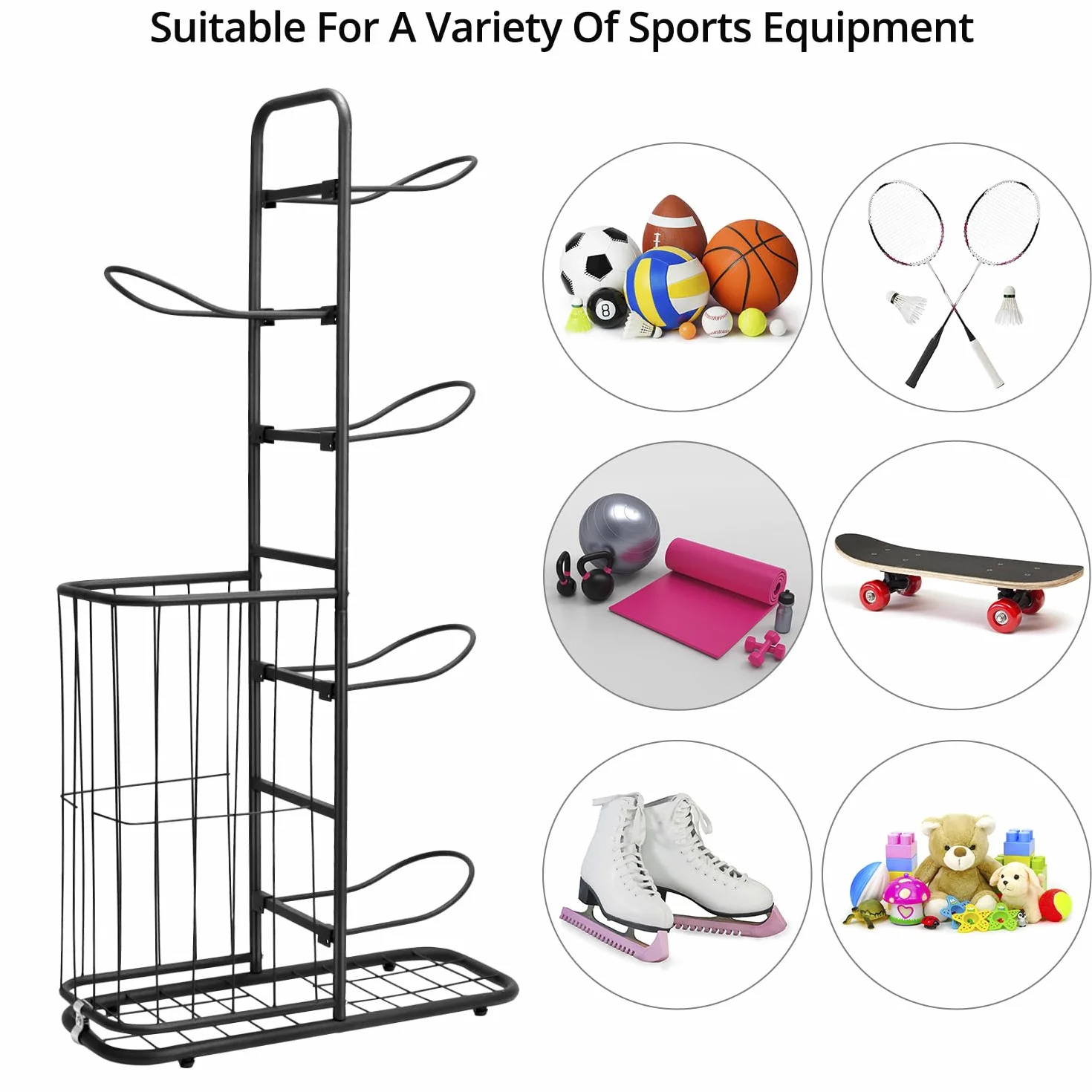 QWORK Estante de Almacenamiento de Baloncesto, Soporte para Pelotas, 116 x 23.5 x 58cm