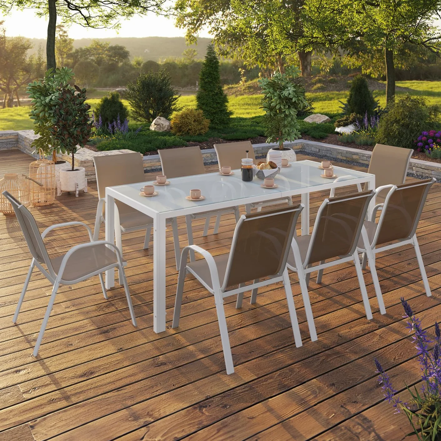 Salón de jardín Madrid Mesa 190 cm 8 sillas apilables blanco beige
