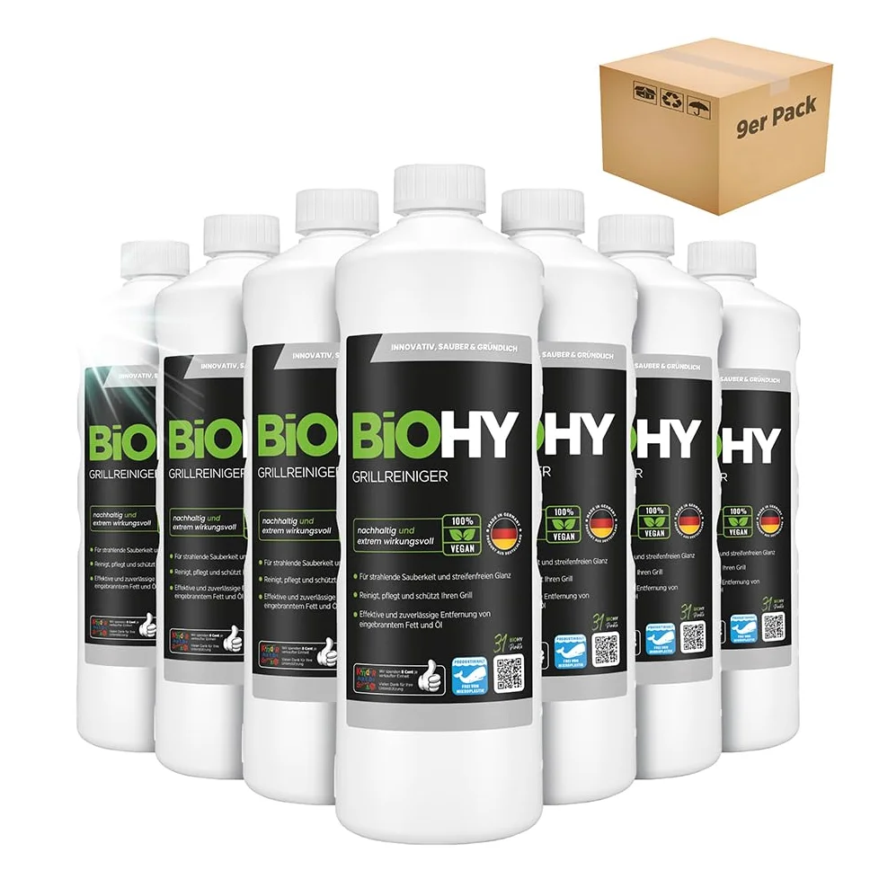BiOHY Limpiador de parrillas (9 botellas de 1 litro) | limpiador para barbacoa de carbón vegetal, gas y eléctrica | espuma activa contra la grasa quemada y el aceite (Grillreiniger)