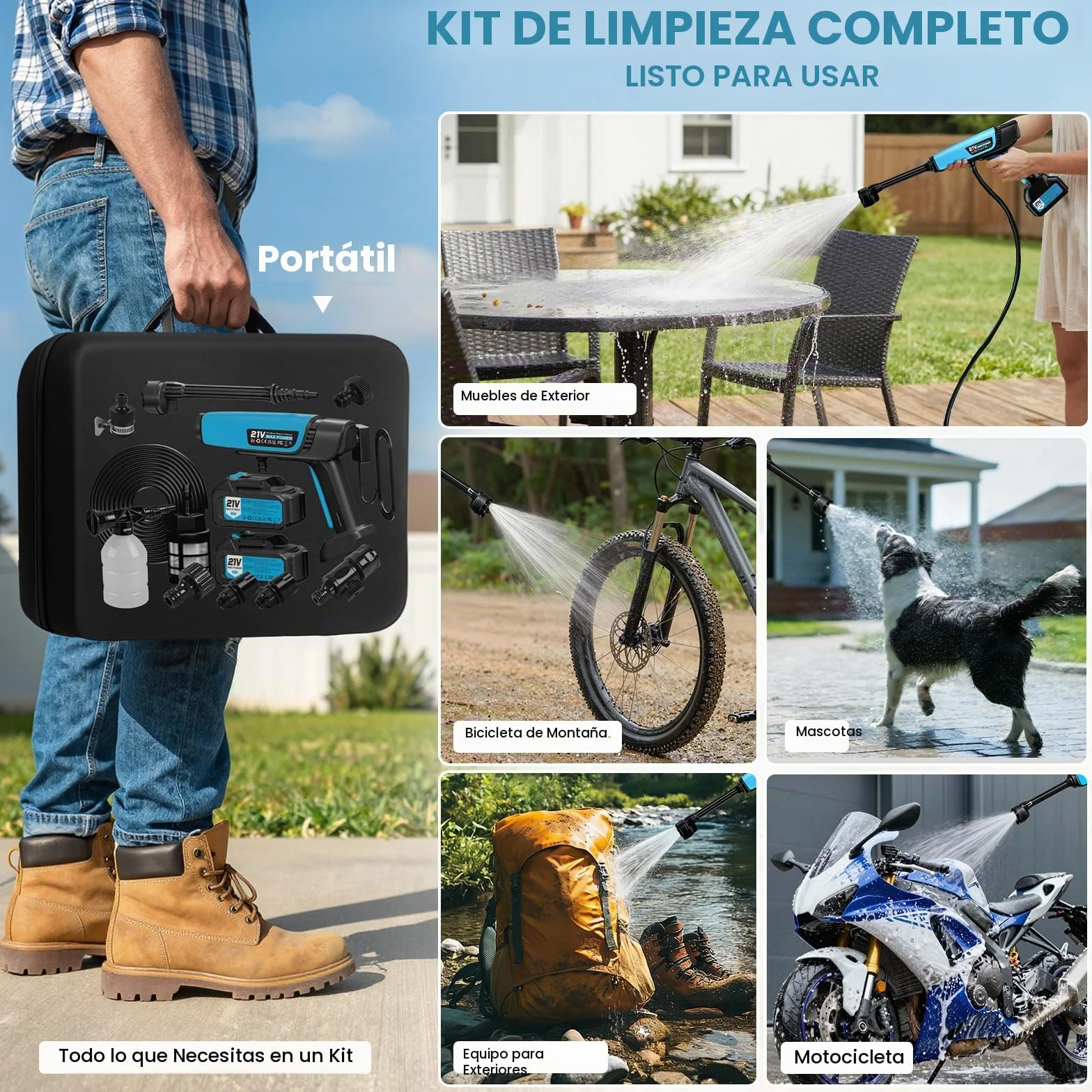 Hidrolimpiadora Bateria,Pistola de Agua a Presión 21V 80 bar,2x4000mAh,Boquilla 6 en 1,Tubo de 10 m Press & Clean Pistola Lavado,Hidrolimpiadora Portatil Batería para Coche Jardín Terraza Césped Riego
