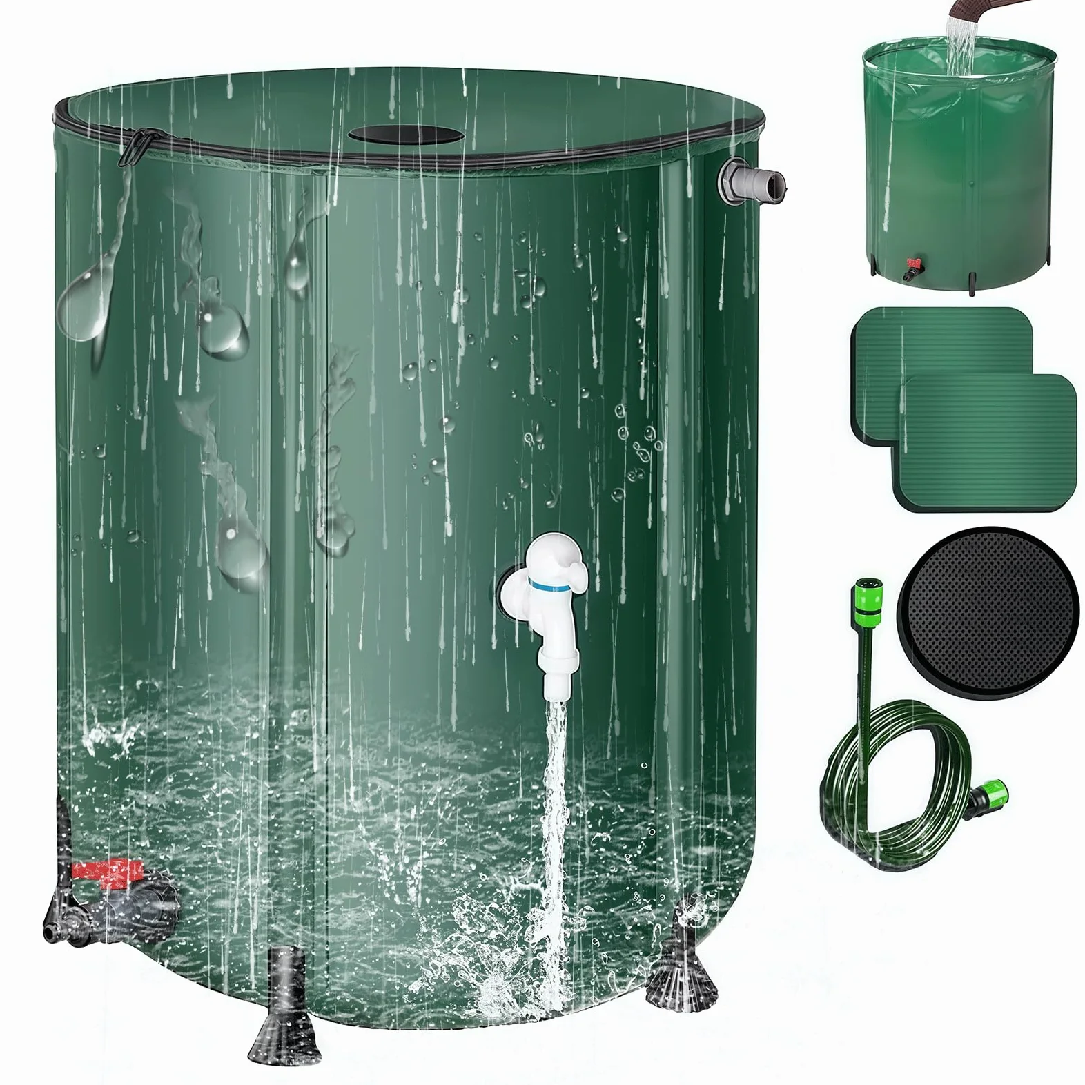 Colector de Agua de Lluvia portátil y Plegable. Tanque de Almacenamiento de Agua con Grifo para Manguera y canaleta. Solución de recolección de Agua de Lluvia para una recuperación