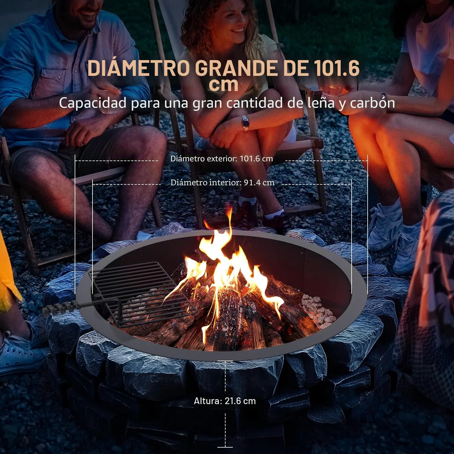 VEVOR Aro para Hoguera con Parrilla para Barbacoa Diámetro Exterior 1016 mm, Diámetro Interior 914,4 mm, Altura 215,9 mm, Revestimiento de Acero al Carbono, Anillo para Fogata sobre o en el Suelo