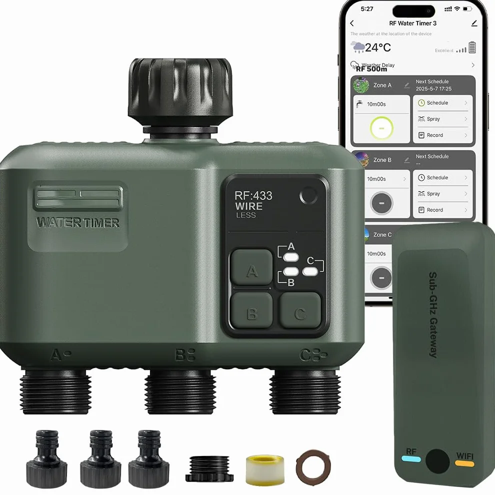 johgee Programador Riego WiFi 3 Salidas con tecnología RF 433 500M, riego temporizado Inteligente con App, Control por Voz Alexa, 6 horarios de riego, Temporizador de riego automático para jardín
