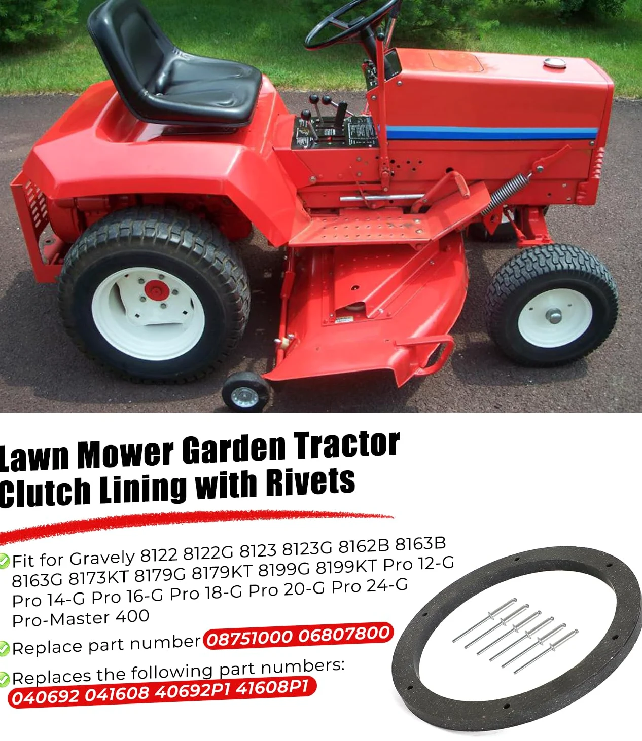 Forro de embrague para cortacésped Gravely con remaches de repuesto para 08751000 06807800 para modelos Gravely, piezas de embrague de resina