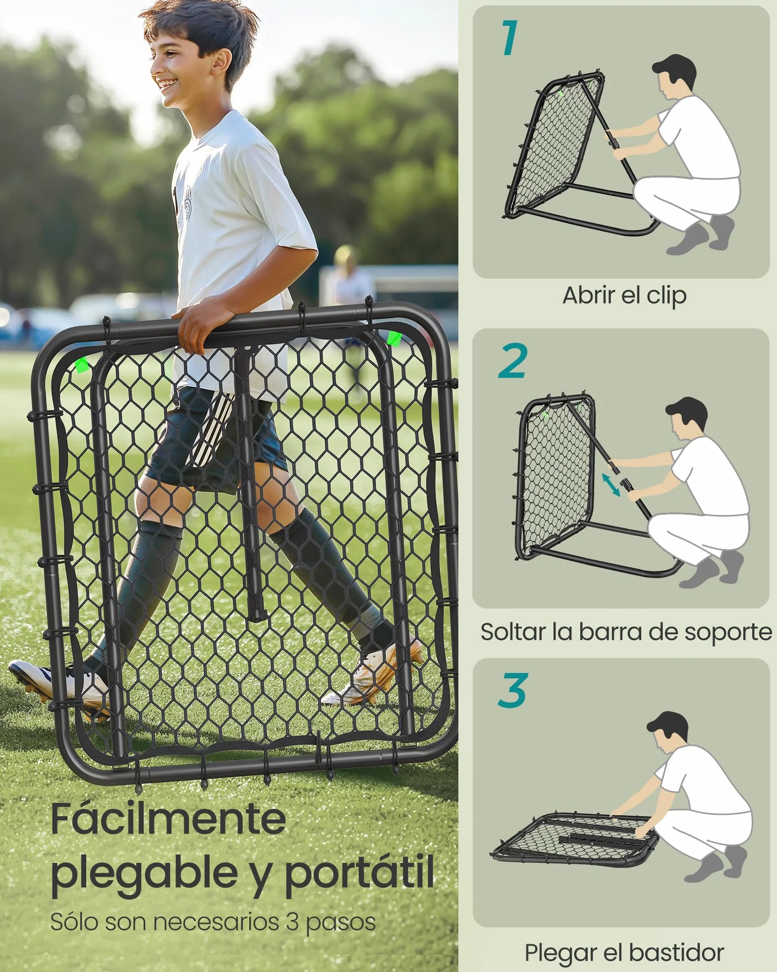 SONGMICS Rebotador de Fútbol Portería para Niños Portátil Marco de Acero Ángulo Ajustable Negro