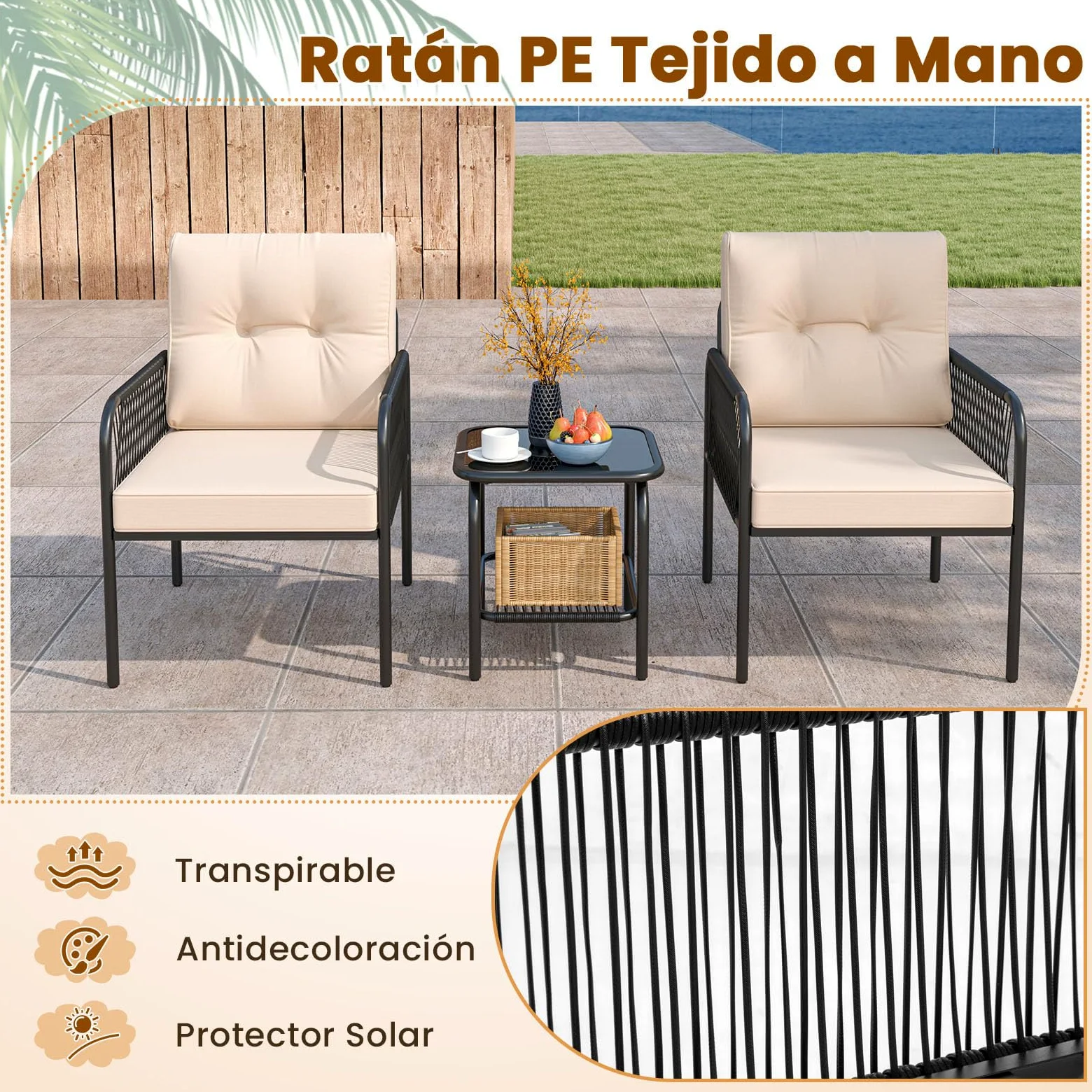 COSTWAY Conjunto Jardin Exterior de Ratan PE 3 Piezas, Mesa de Vidrio Templado, 2 Sillas con Cojines, Mesa y Sillas Muebles Jardin Terraza Balcon Exterior