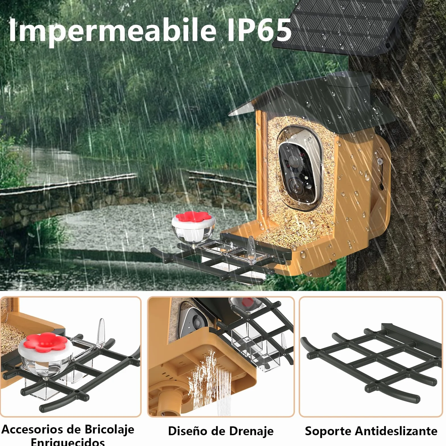 Comedero Pajaros con Cámara 2K HD AI identifica 10000+ Pájaros Solar Comedero Pajaros Exterior Notificación Instantánea Impermeable IP65 Almacenamiento en Nube Captura Automática Imagen/Videos