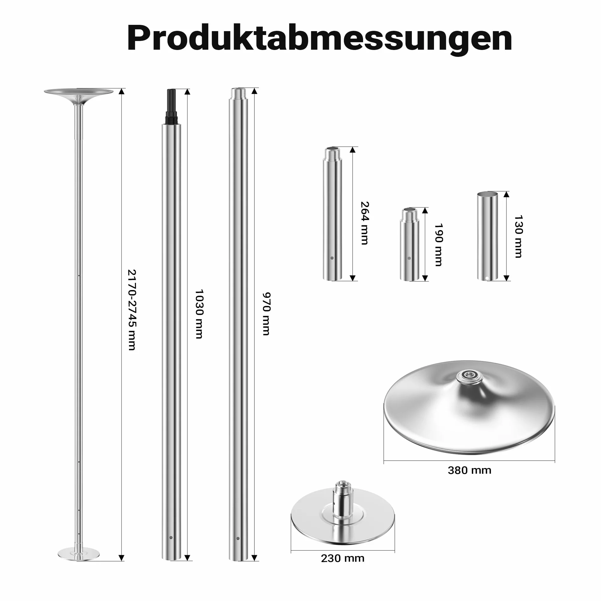 WilTec Barra de Baile Profesional Pole Dance Ø45mm Altura Ajustable 2,31-2,74 m Acero