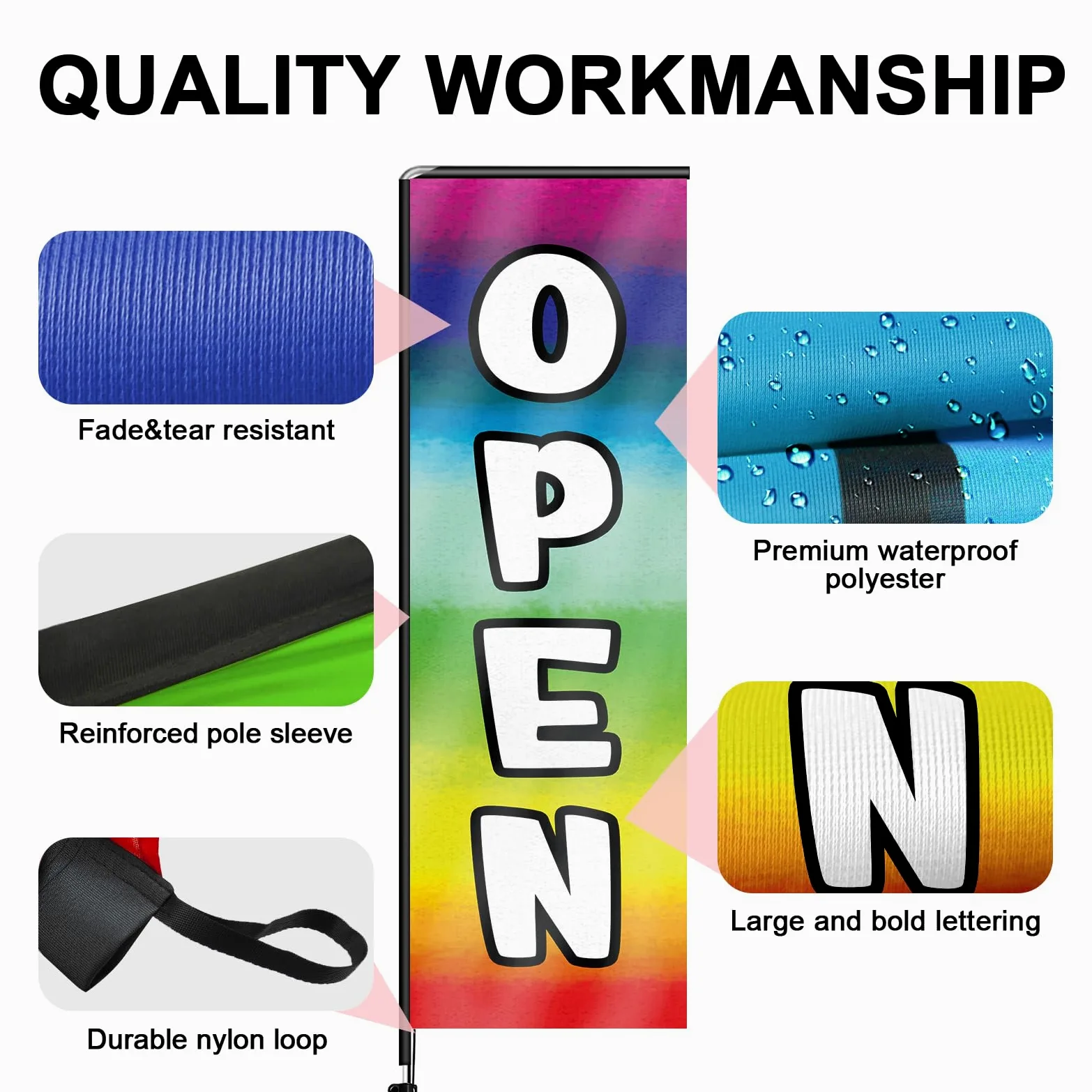 Bandera de plumas rectangular abierta multicolor con kit de mástil de bandera y estaca de tierra, bandera abierta sin viento de 11 pies, cartel de negocios para publicidad en interiores y