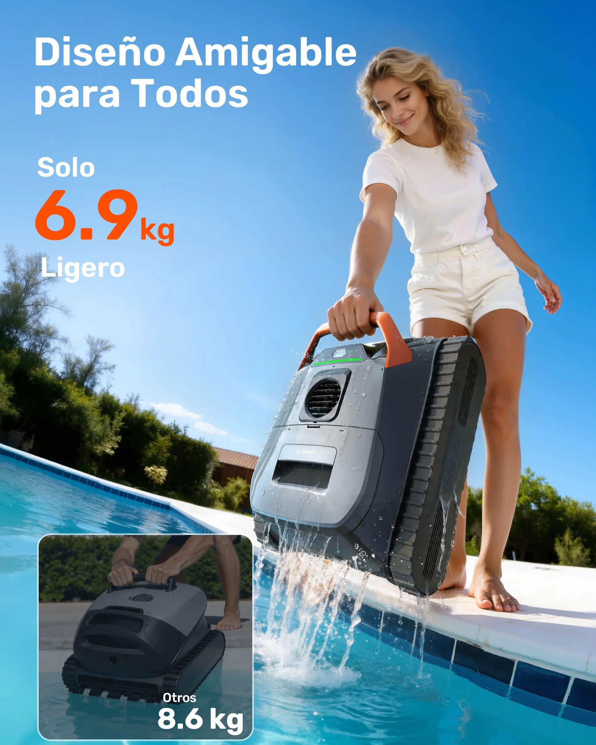 Gosvor (Nuovo 2026) Robot Piscina Limpiafondos y Paredes, Doble Filtración, Planificación Inteligente Rutas, 5 Modos, Control App, 200Min Autonomía, Línea Agua y Zona Poco Profunda,Gris Naranja