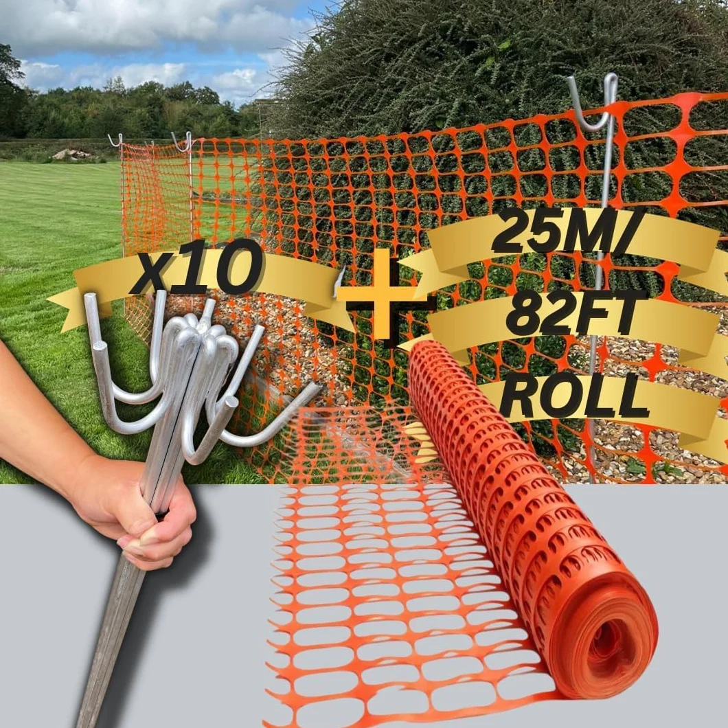 Smith & Barker Valla Temporal 25 m x 1 m – Malla de Seguridad Naranja 130 g/m² con 10 Postes Metálicos Galvanizados – Valla de Obra, Valla de Señalización