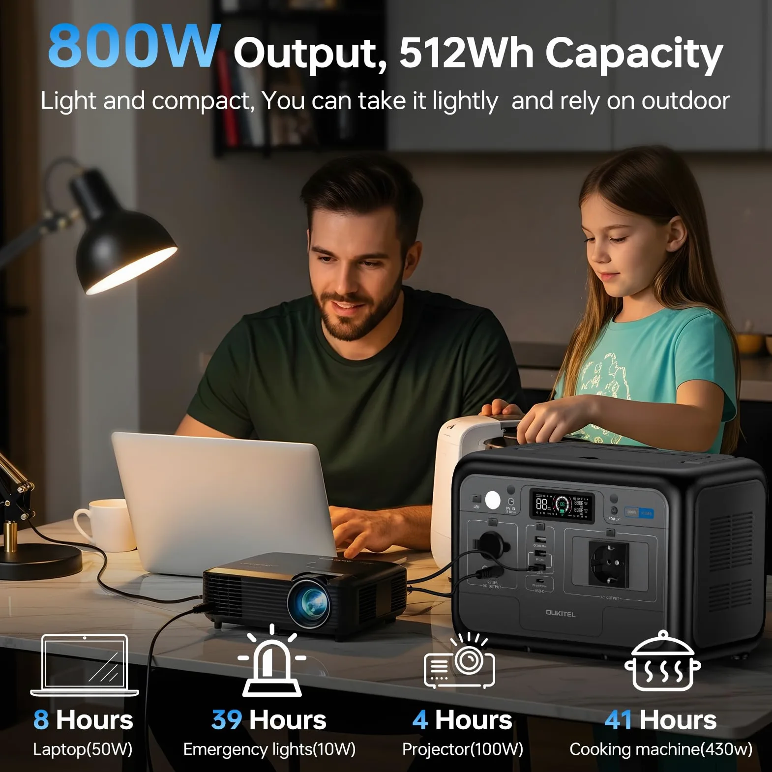 OUKITEL P800E Estación de Energía Portátil 512Wh con Panel Solar 100Wx1 | Generador Solar 800W Salidas AC (Pico 1600W) LiFePO4 Carga Rápida en 1 Horas, Power Station Para Camping, Viajes, Emergencias