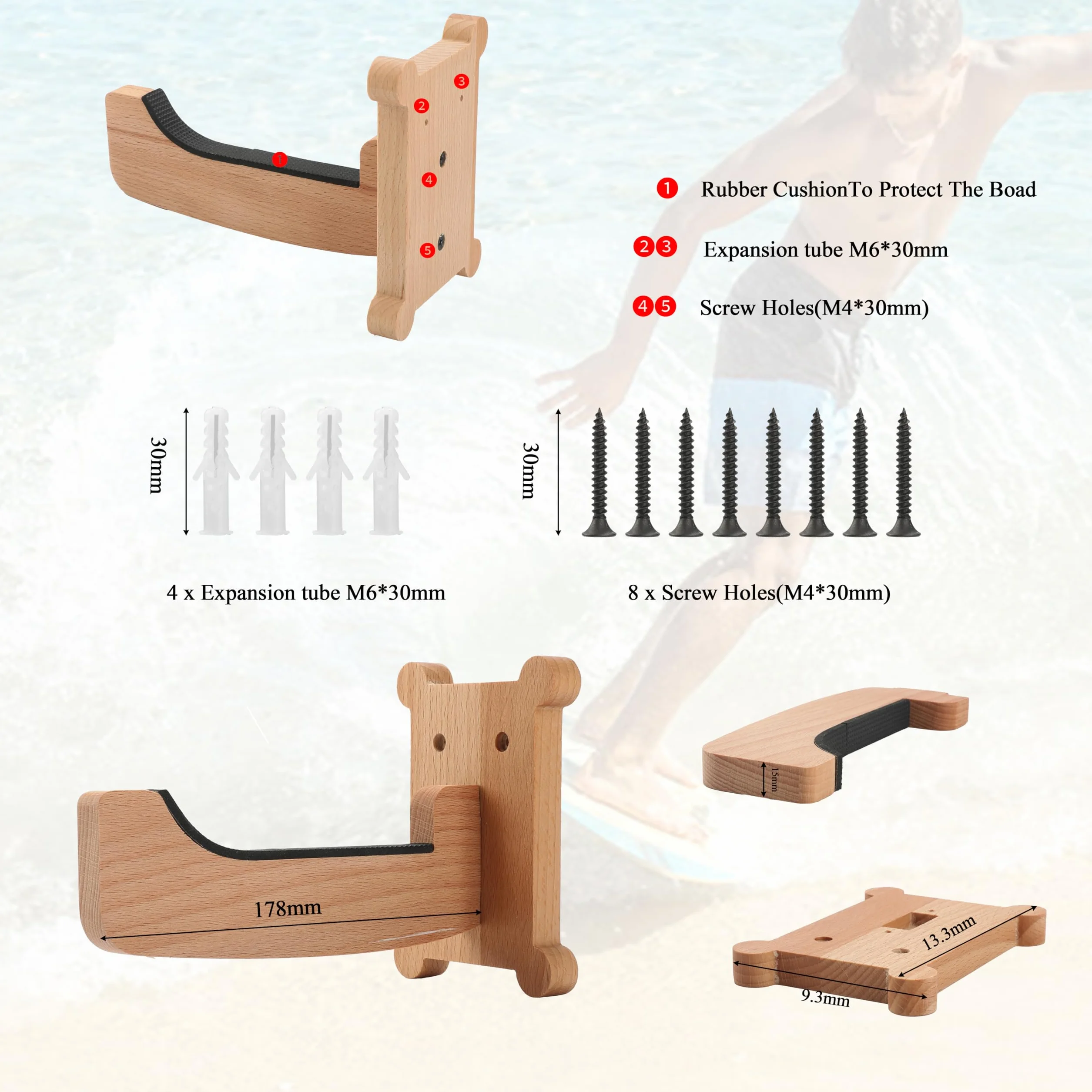 Soporte de pared para tabla de surf, ganchos de madera de haya con pernos M6, almacenamiento vertical para longboard, shortboard, skimboard