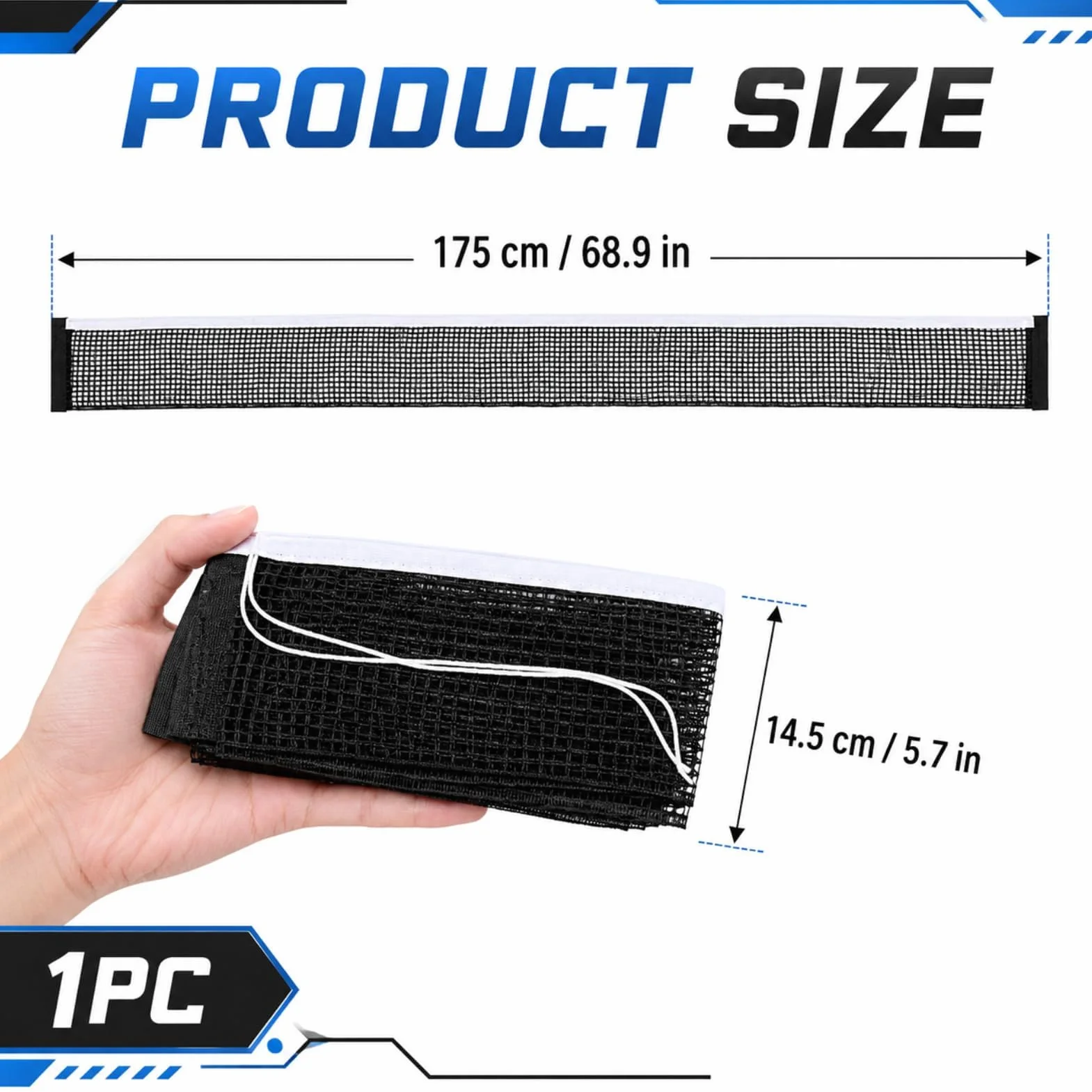 Red de Ping Pong de Poliéster-Algodón Negro 1.75m, Repuesto para Mesa de Tenis, Universal Interior y Exterior